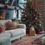 A trendy Christmas banner showcasing a stylishly decorated living room with modern furniture, a beautifully adorned Christmas tree.