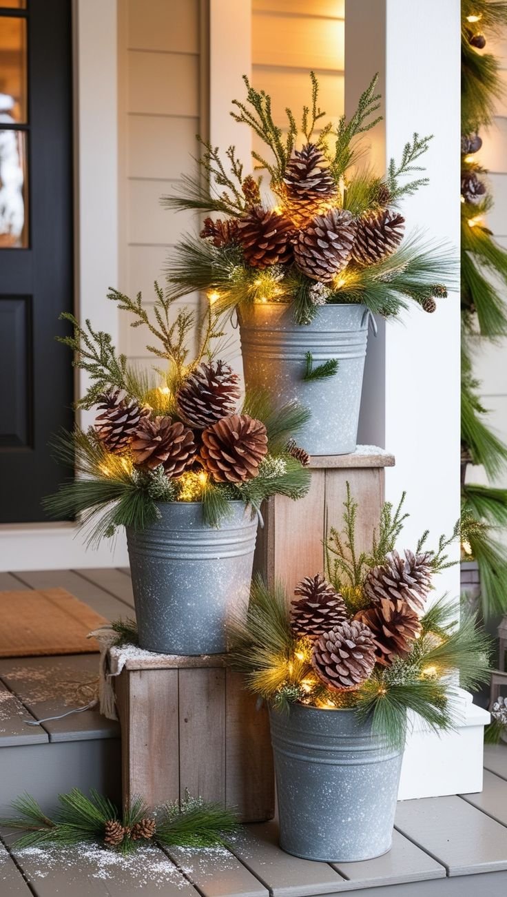 Whimsical christmas porch decorations with pinecones. 