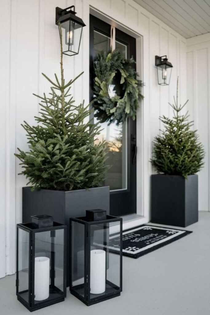 Christmas Front Porch decorated with a green wreath. 