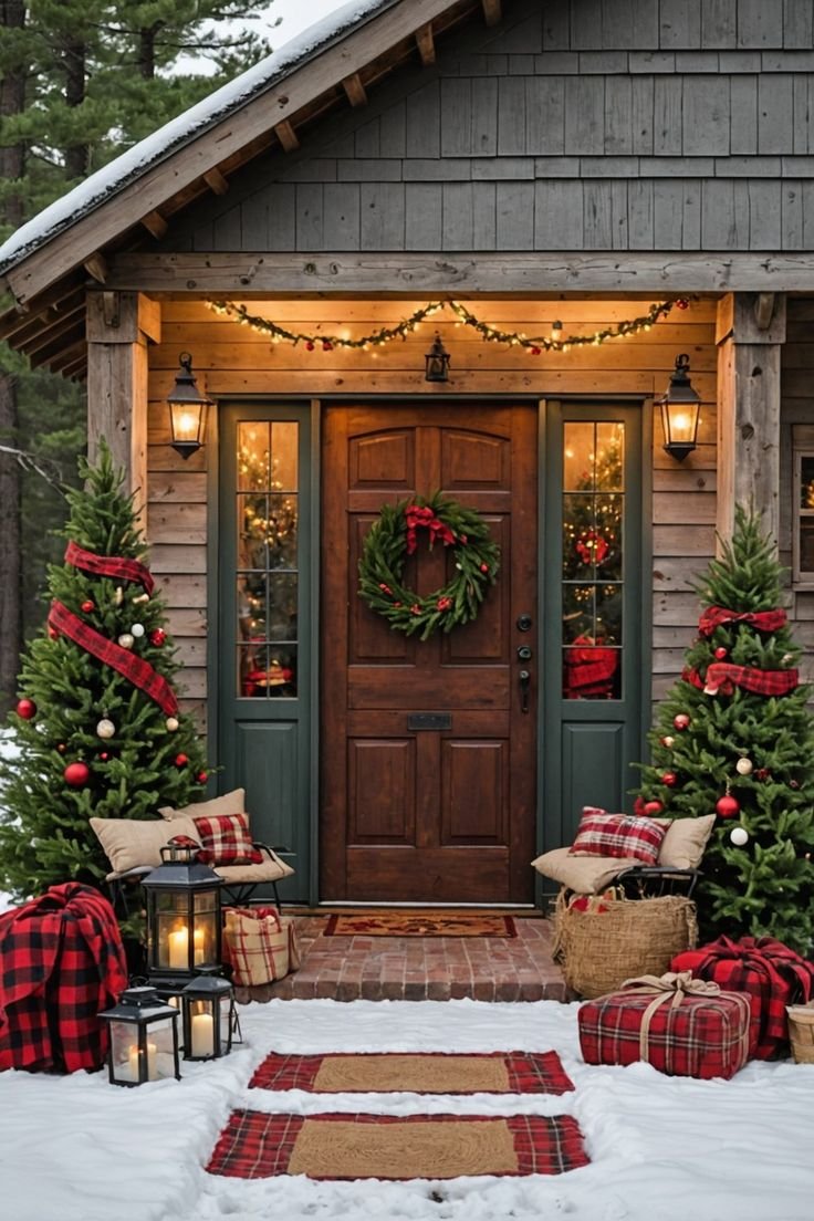 Front Porch Christmas decorating ideas with red and green decorations. 