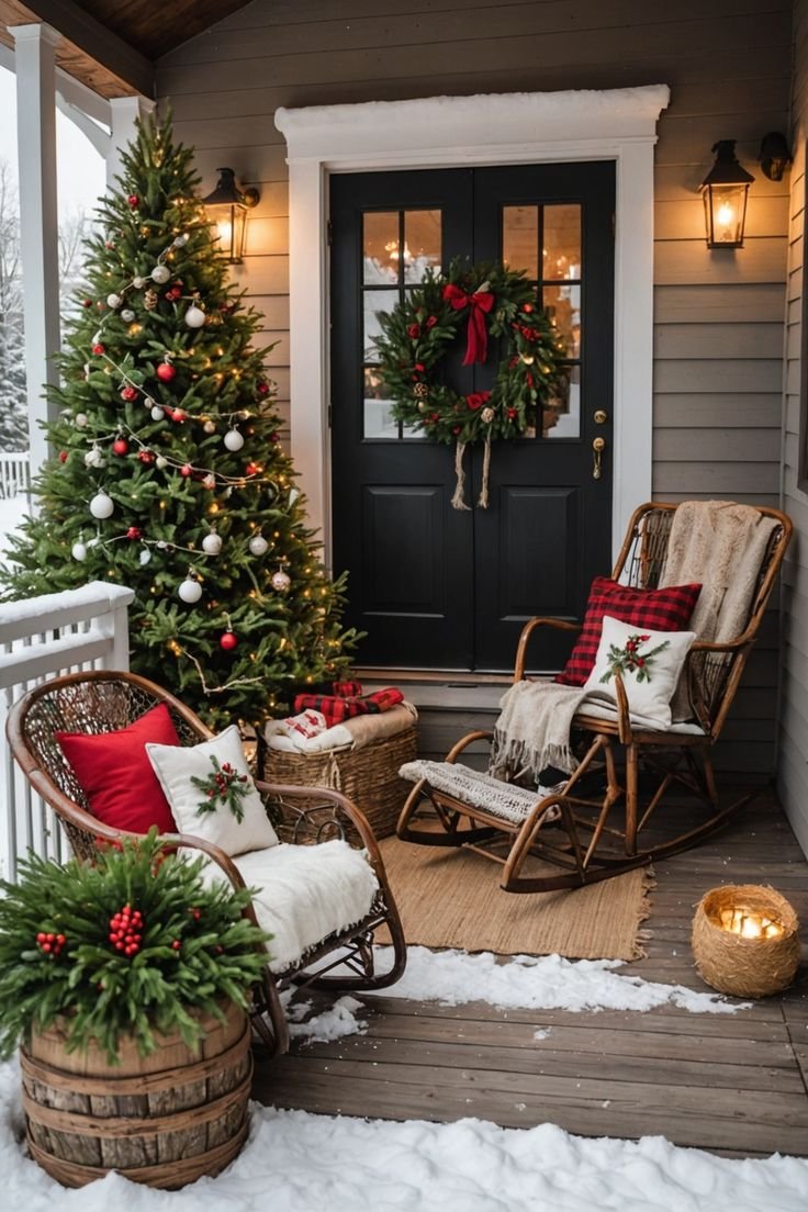 Christmas front porch with rocking chairs and Christmas pillows.