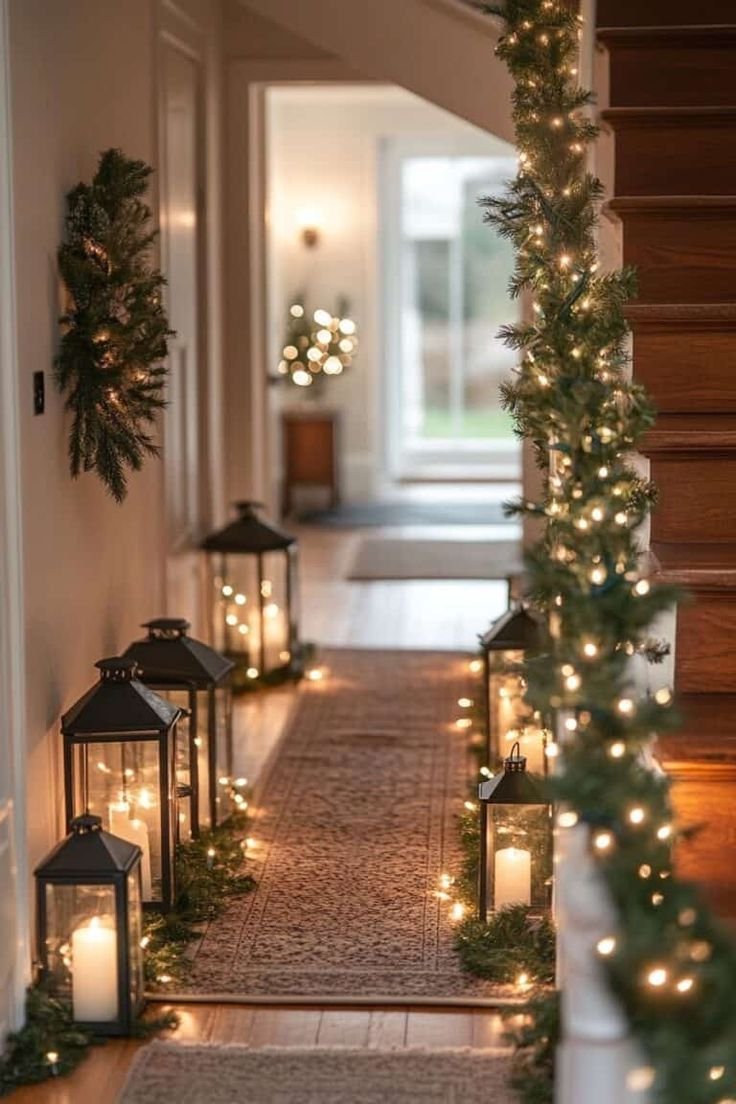 Hallway with lots of lights, lanterns and a garland. 