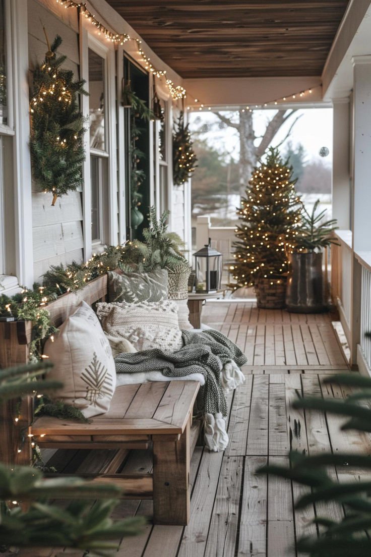 Christmas front porch with wooden bench and cozy blankets. 