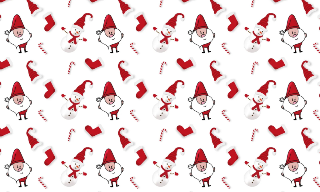 Wallpaper with ornnaments of Santa and hearts.