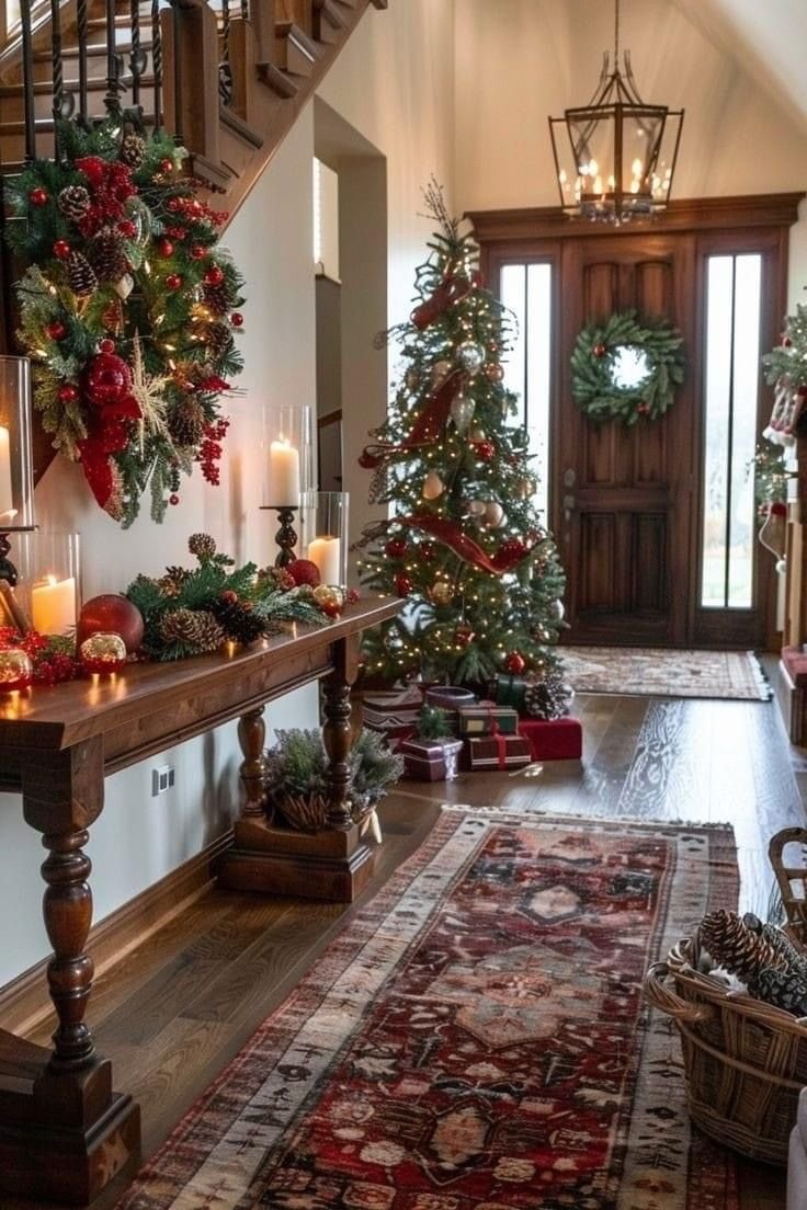 Hallway decorated with Christmas decor and a Christmas tree. 