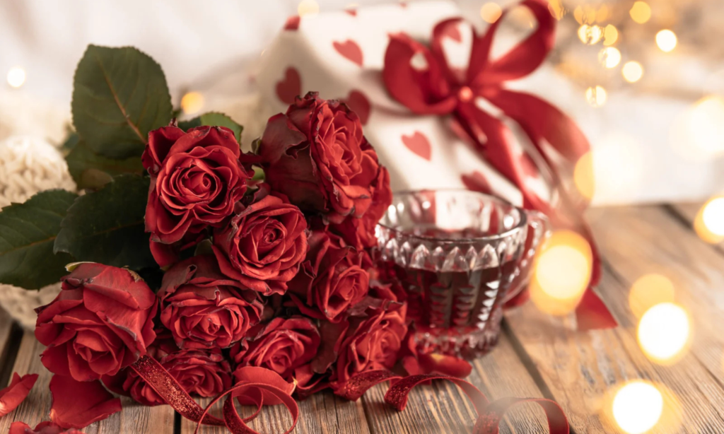 Cozy composition for Valentine's Day with a bouquet of red roses and a red drink in a cup on a wooden background.