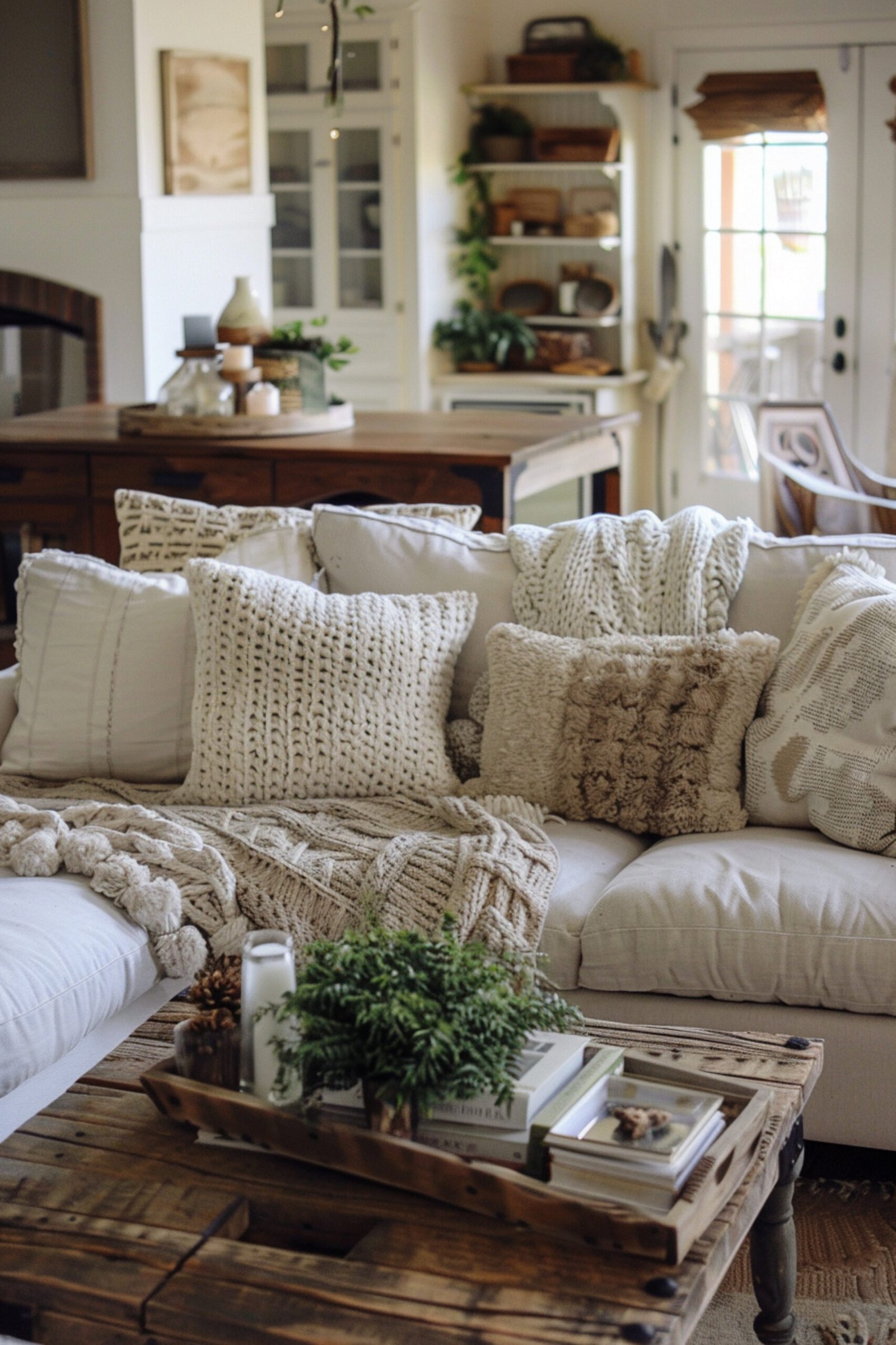 Arafed couch with pillows and a coffee table with potted plants. 