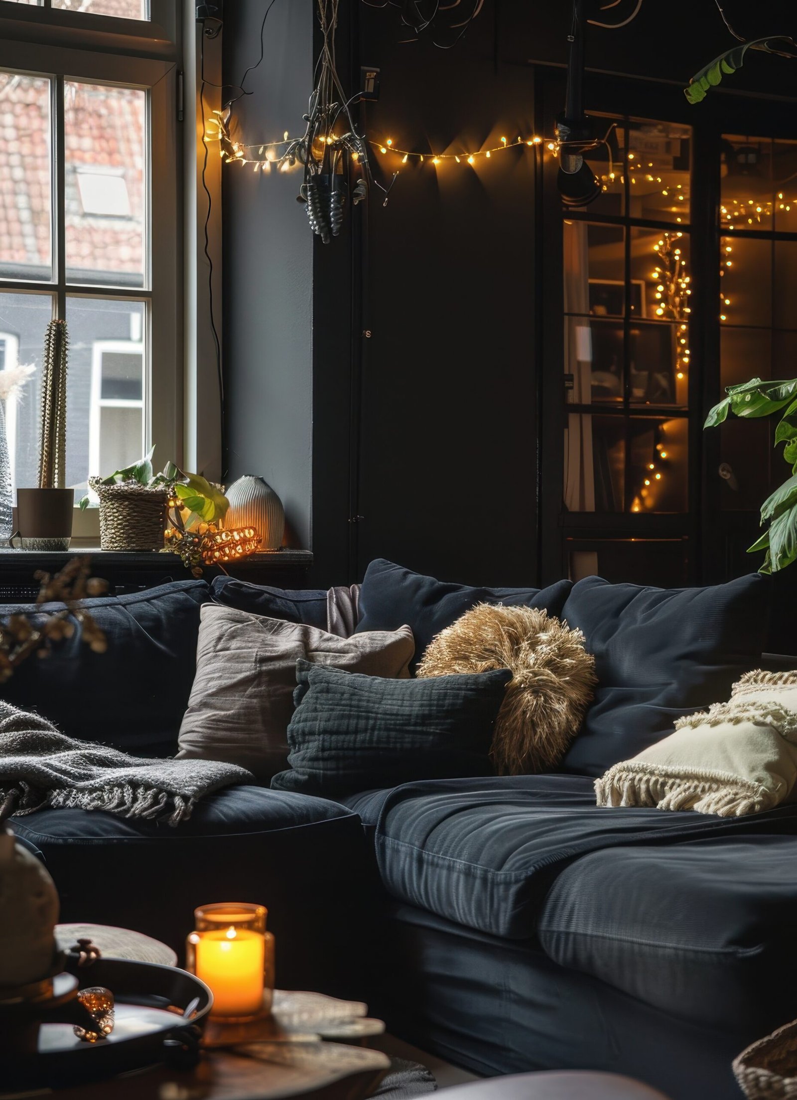 black sofa with pillows and lighting, cozy and intimate atmosphere