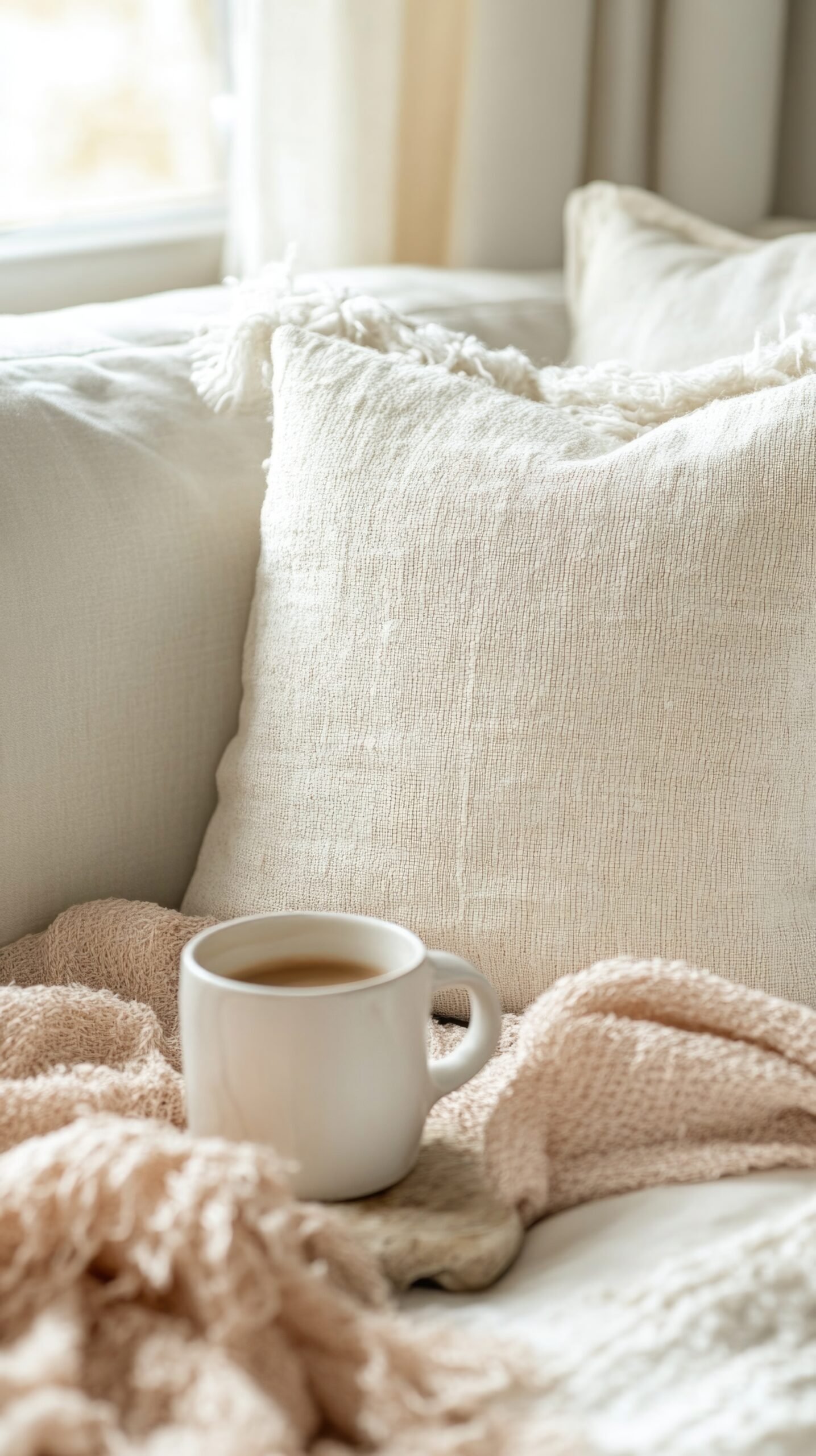 close up of throw pillow with soft blanket put a little pastel colors- warm and cozy feeling and coffee mug.