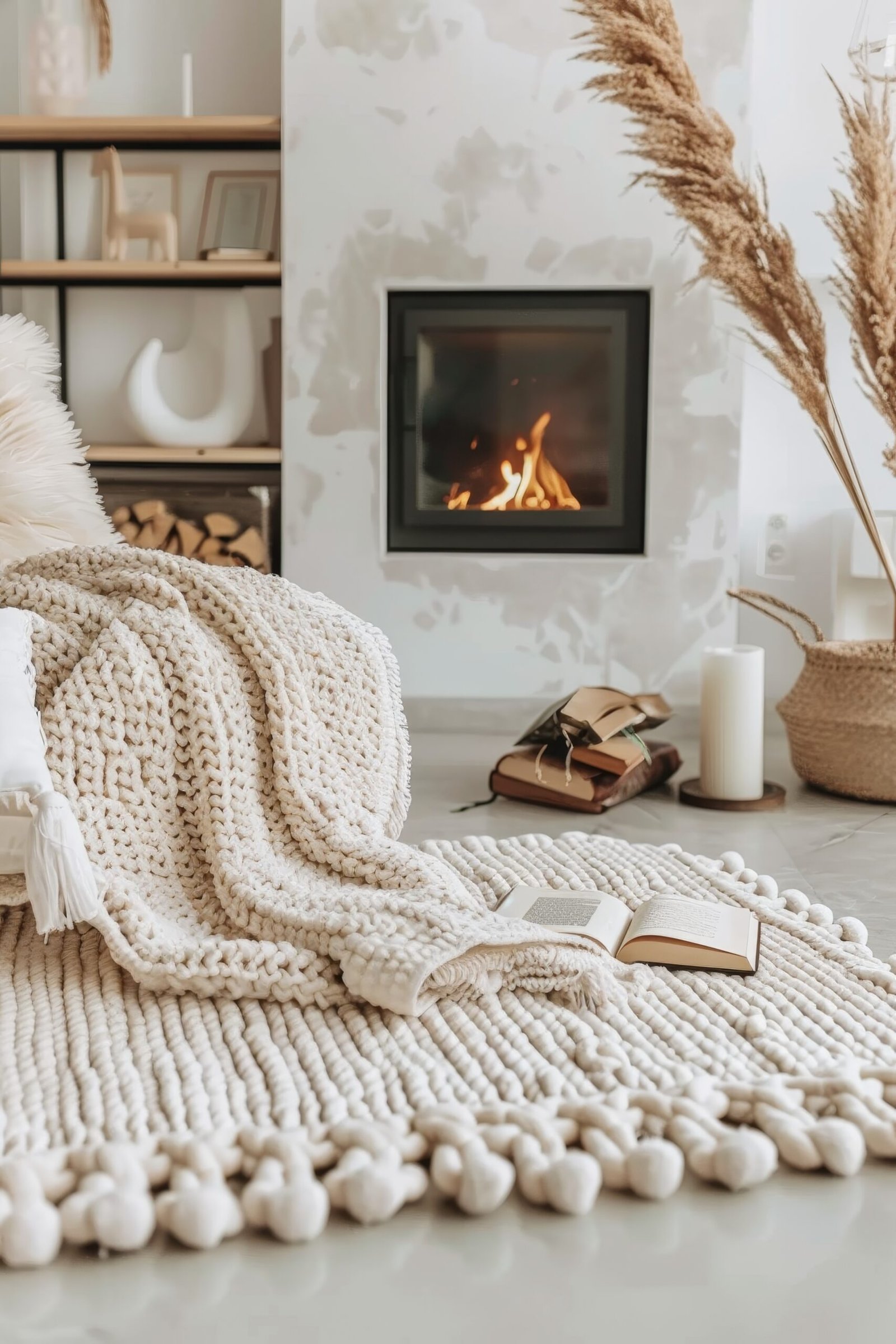 Cozy living room interior with knitted plaid, fireplace and pampas grass. 