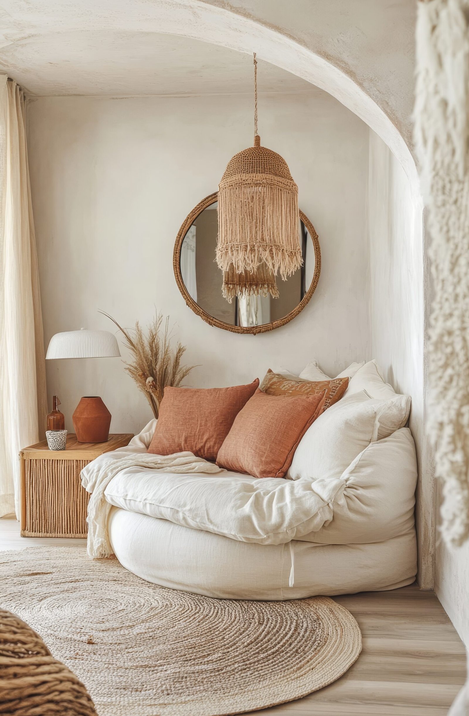 A cozy living room nook with a white round sofa, a round mirror, a woven pendant light, a wood side table, and a soft rug.