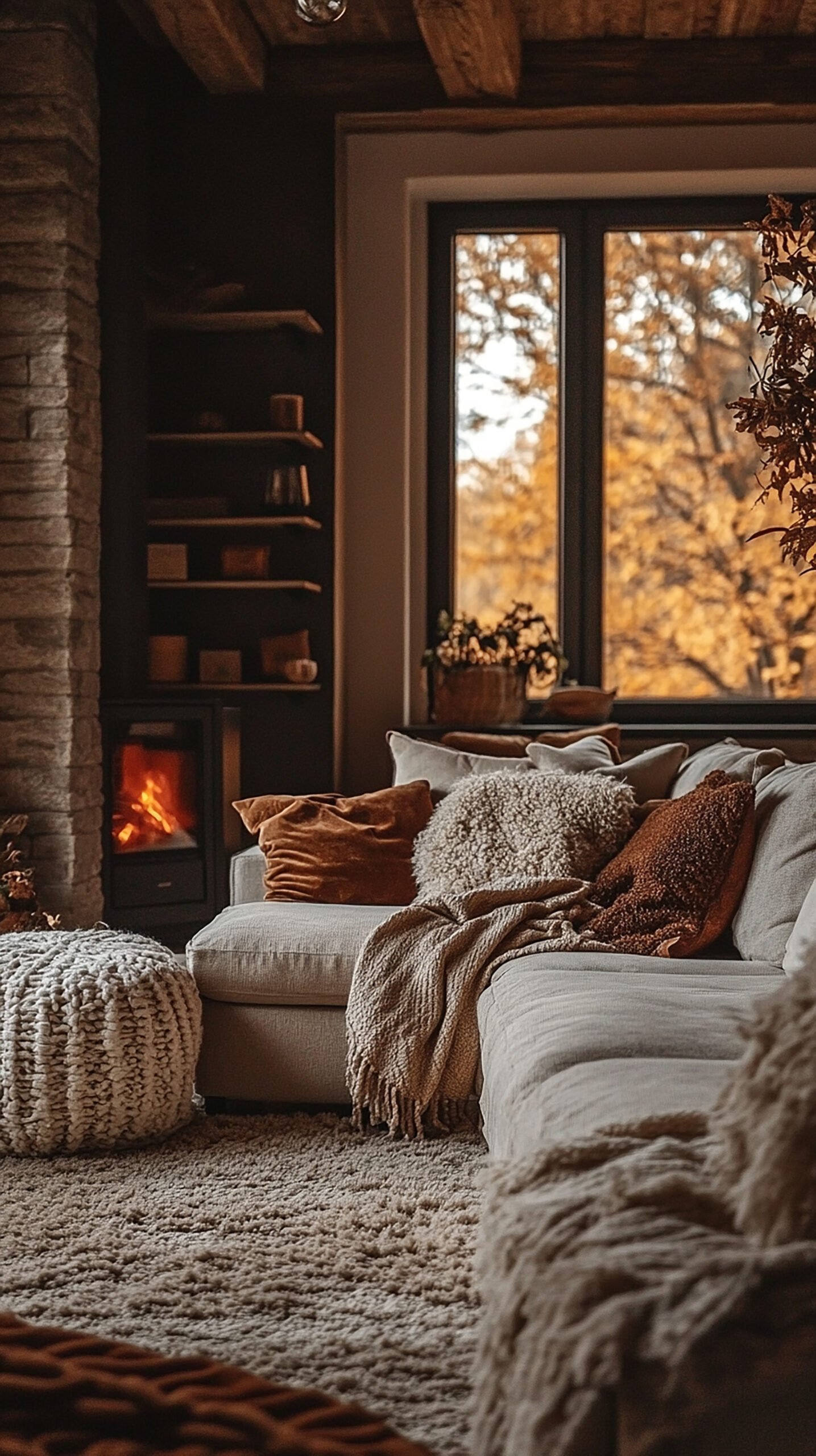 Cozy living room with fireplace window overlooking forest. 