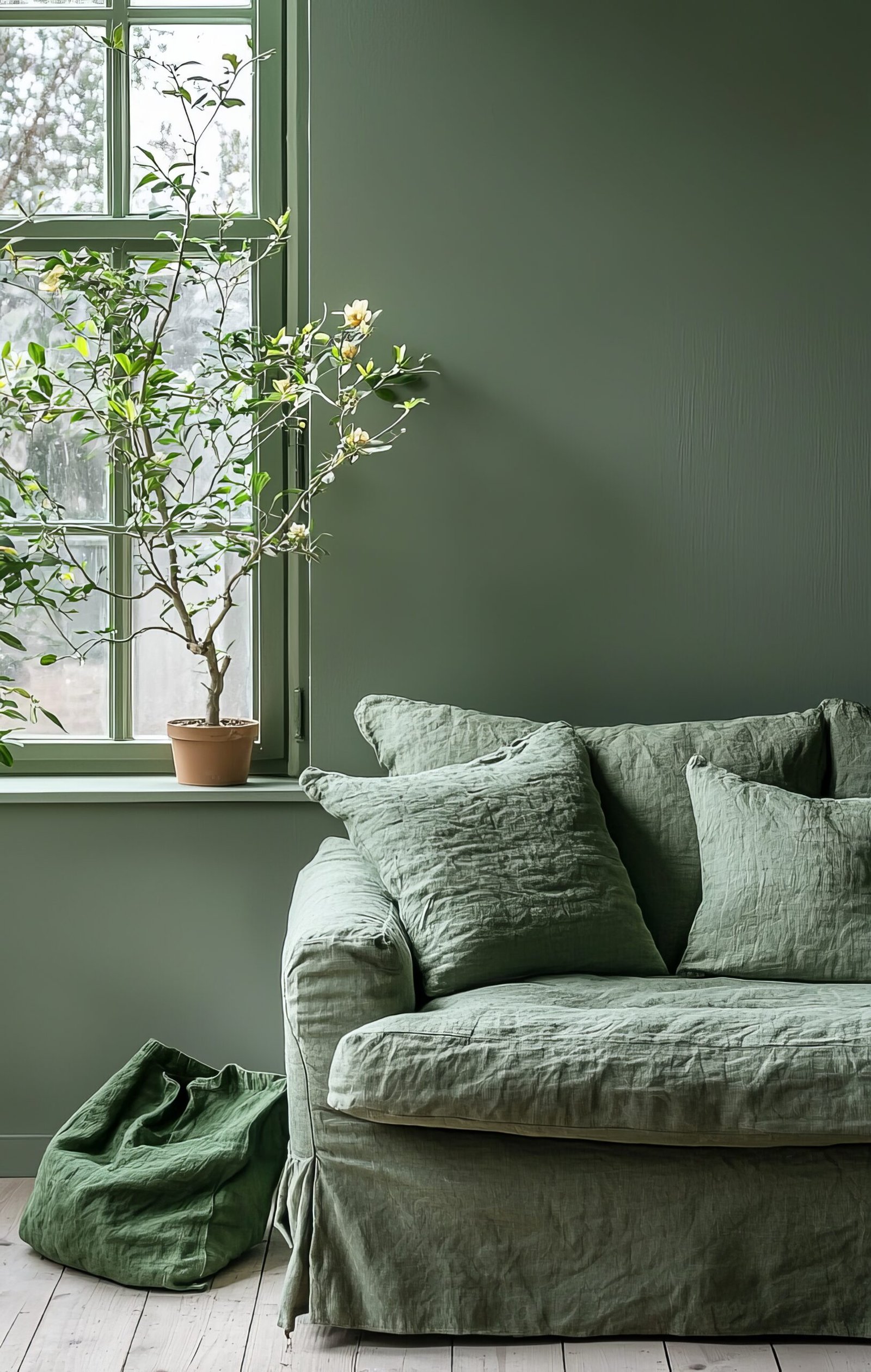 A cozy and stylish living room featuring a green sage linen couch with grey pillows, complemented by a potted plant on the window sill. The room ambiance is calm and inviting.