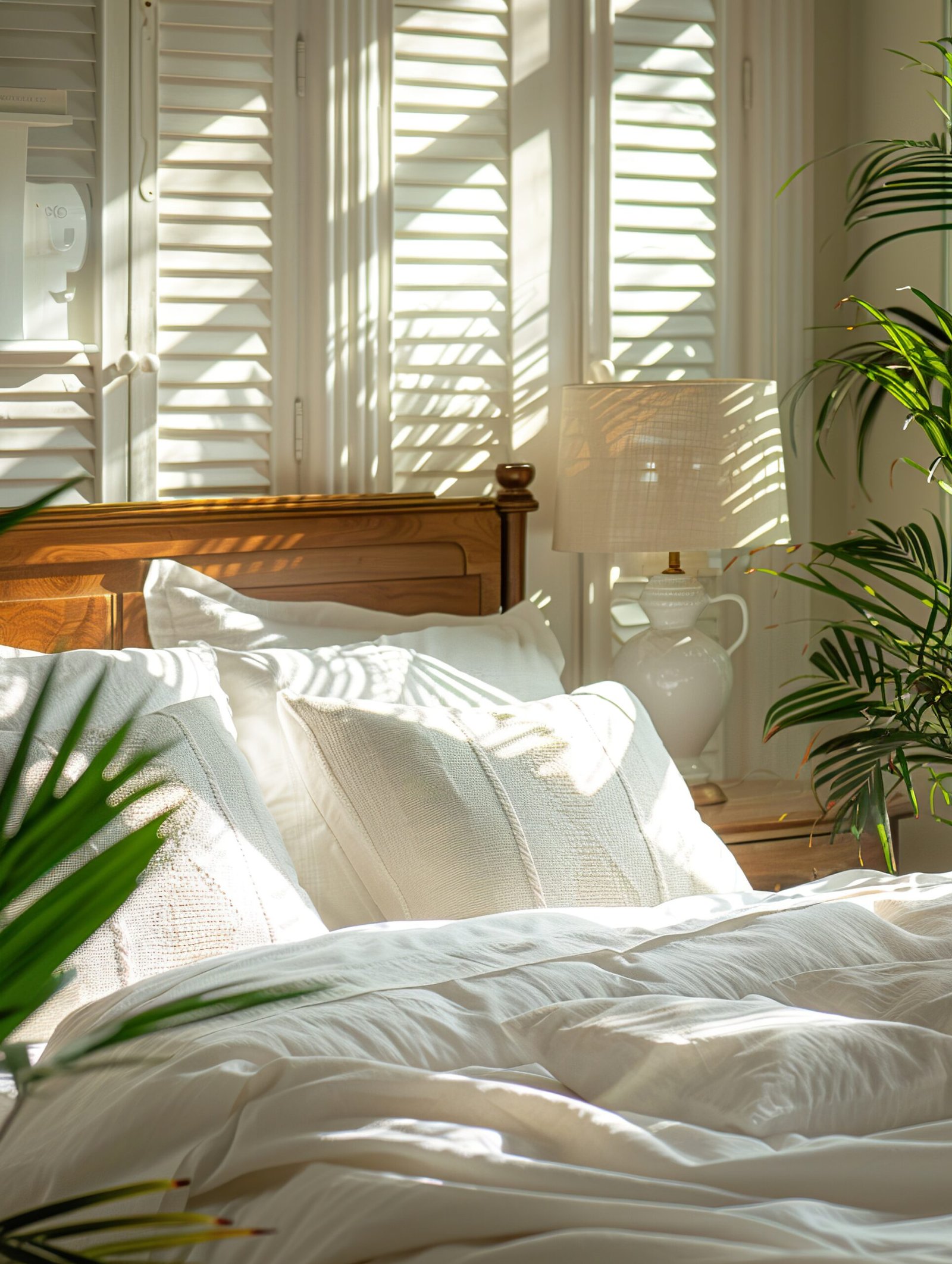 elegant and bright double room in light tones, decorated with plants. venetian blinds.