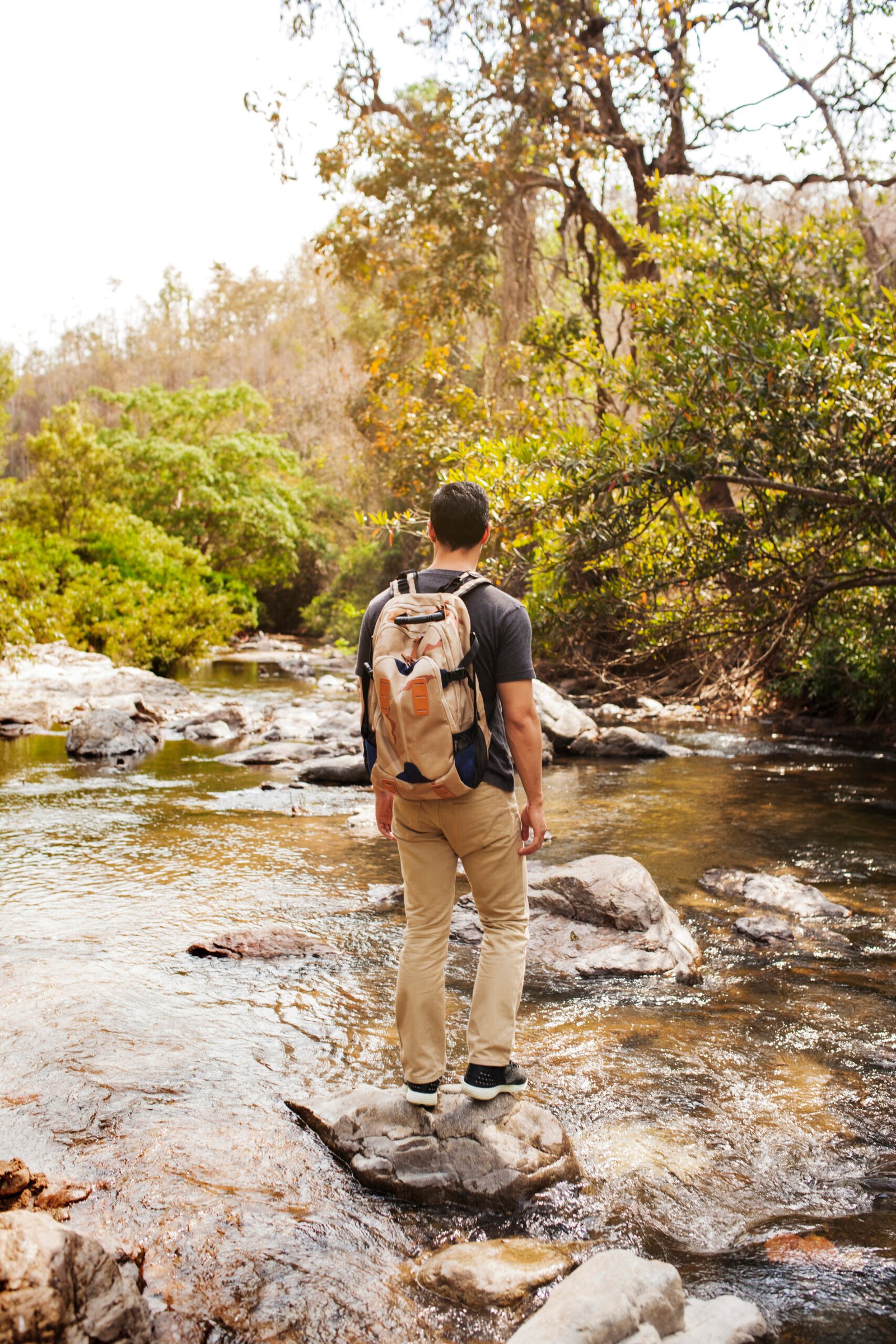 Hiker standing on a stone next to a river in the forest. 