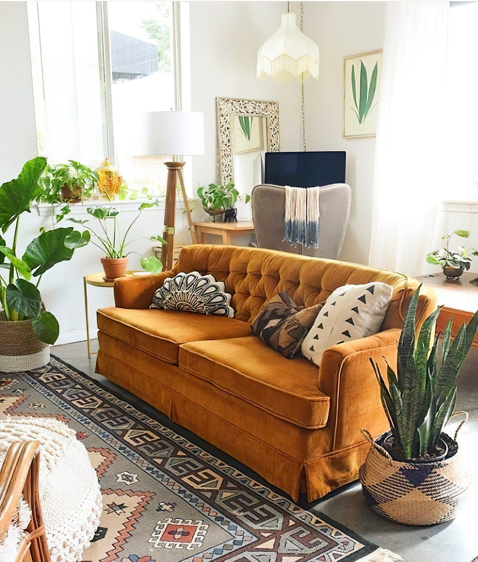 Living room with couch and lamp. 