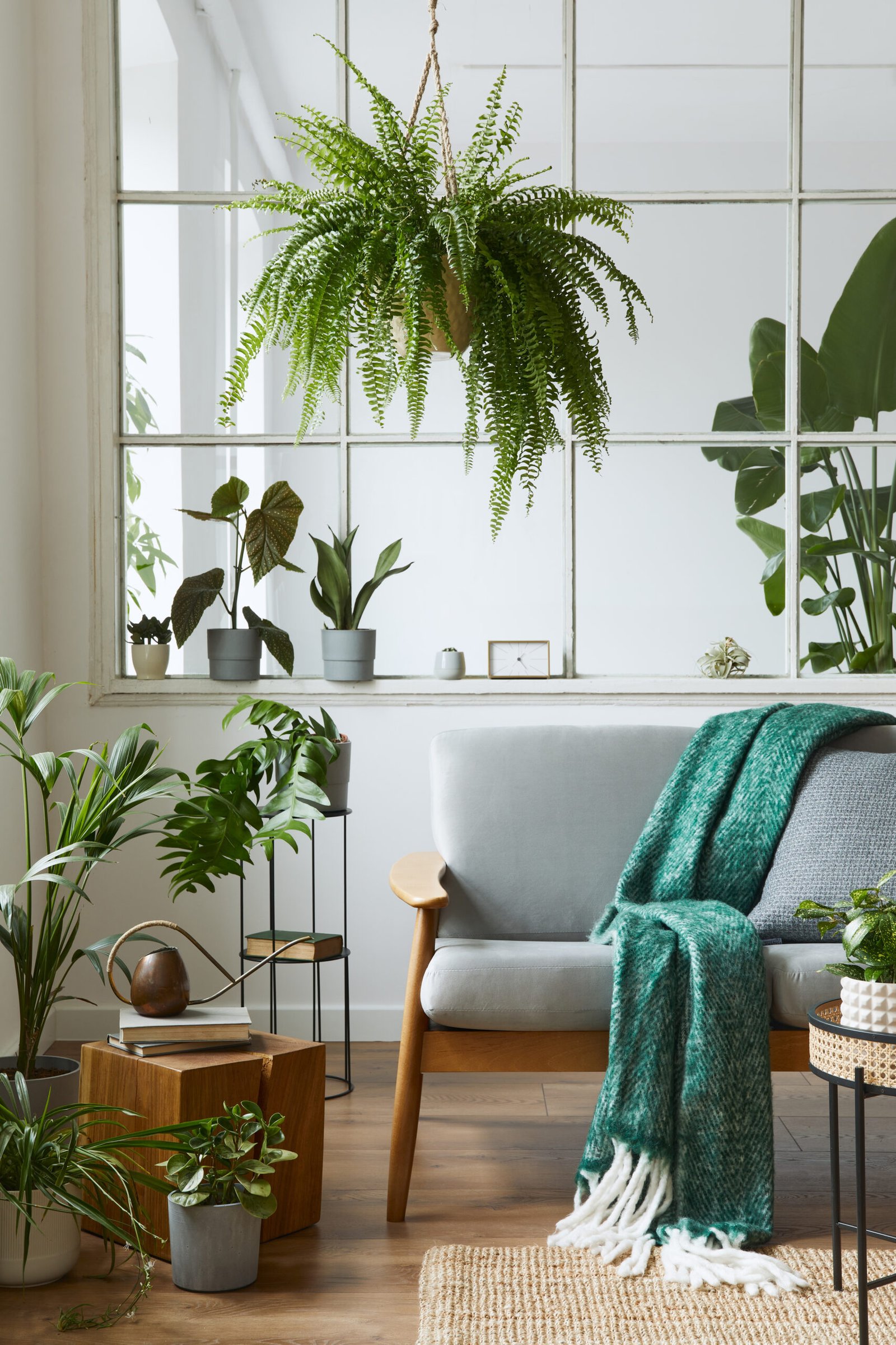 Modern scandinavian interior of living room with design grey sofa, armchair, a lot of plants, coffee table, carpet and personal accessories in cozy home decor.