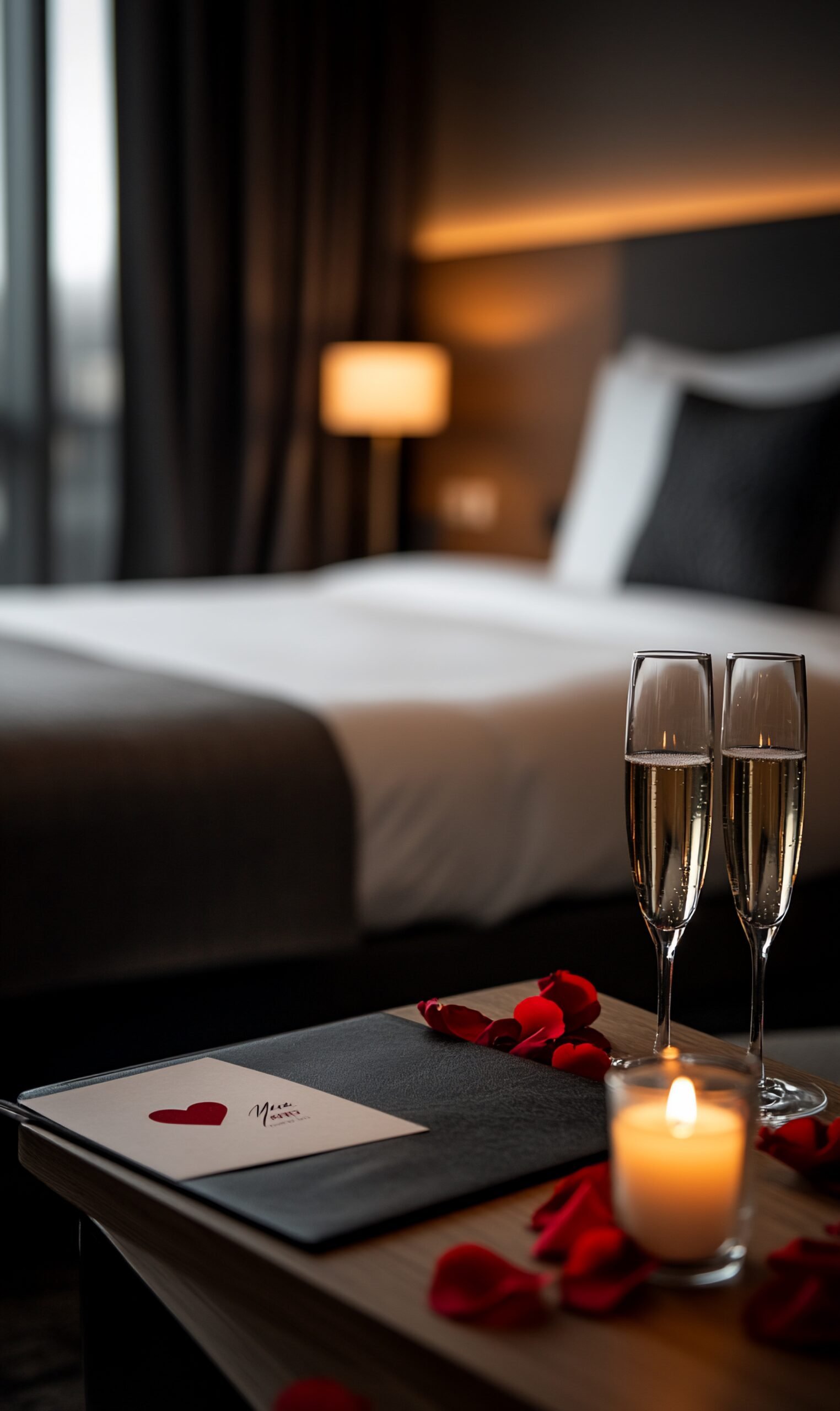 Romantic hotel room setup with champagne, candle, and rose petals.