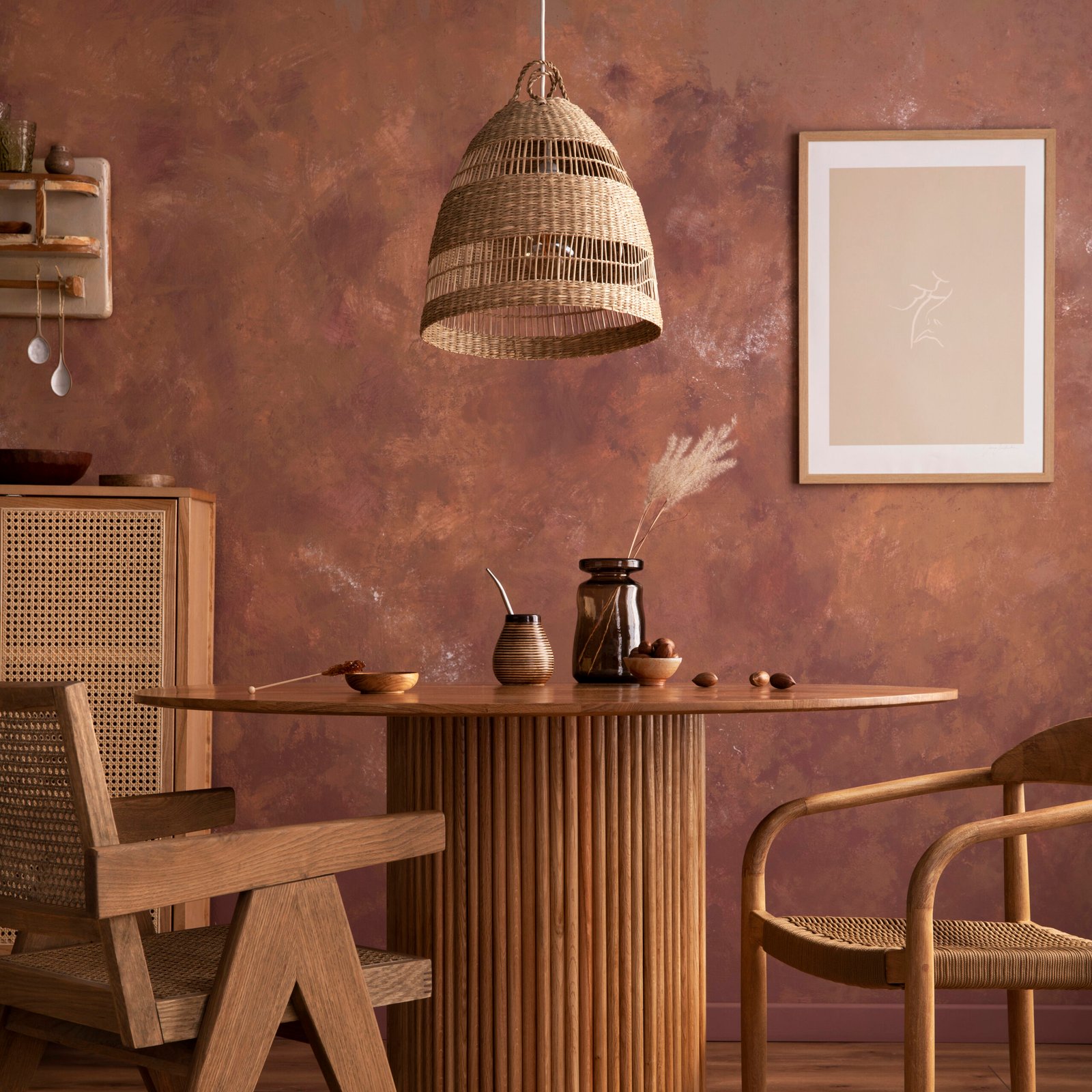 Stylish boho vintage dining room interior with poster mock up. Round table with rattan chair, vase with dried flowers. Brown wall and rattan lamp. 