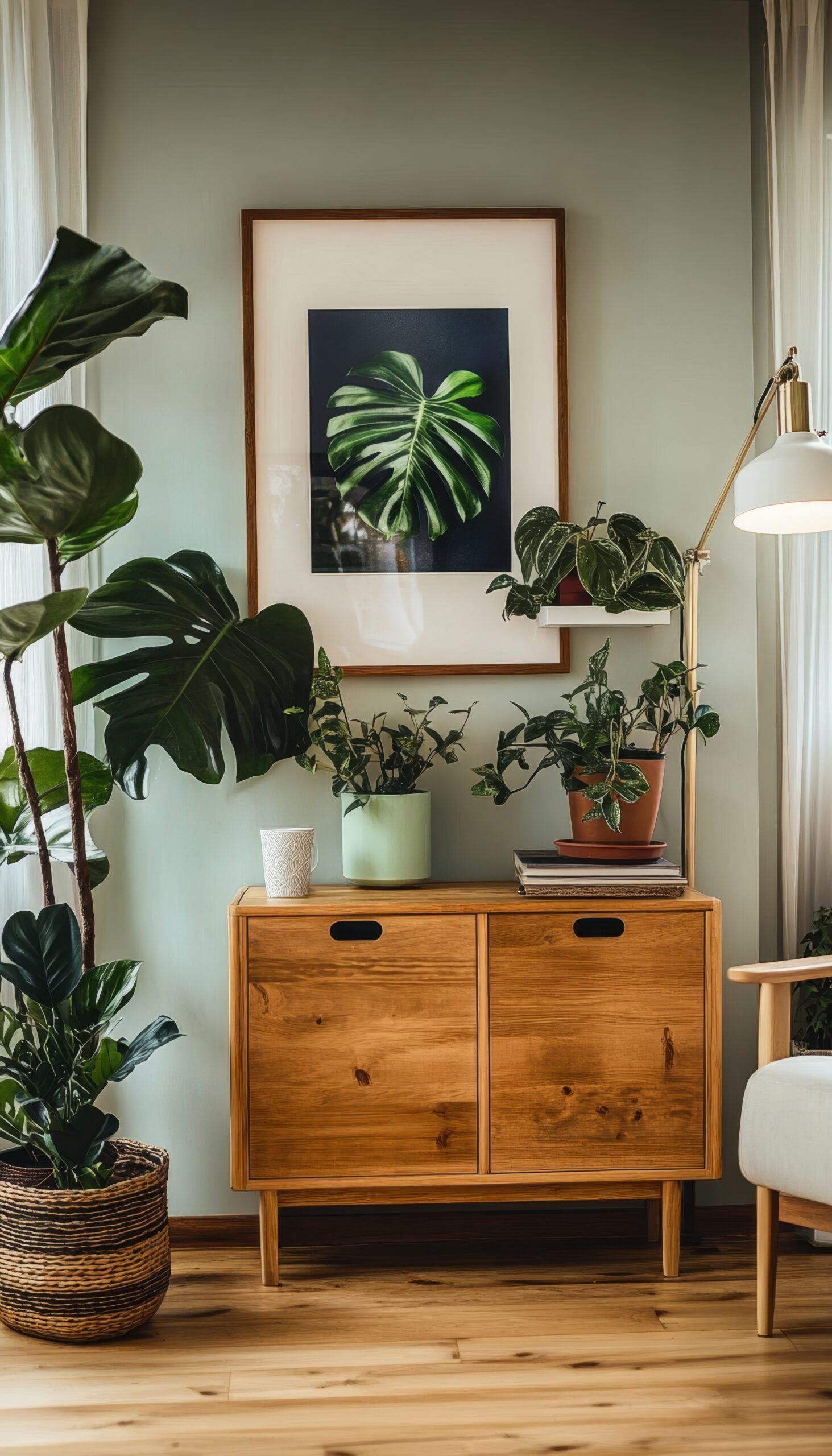 urban jungle cozy living room interior with wooden furniture and green plants. 