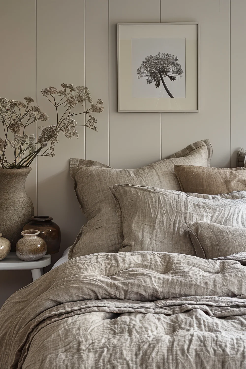 A bed with linen bedding, a wall art with a flower. A bedside table with a vase with flowers. 