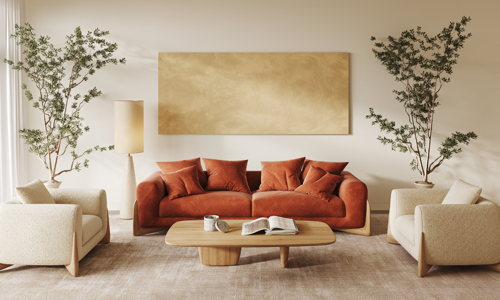 Free home organization checklists. An orange couch and a wooden table. Two white armchair, a floor lamp. Two large plants and a large wall art.