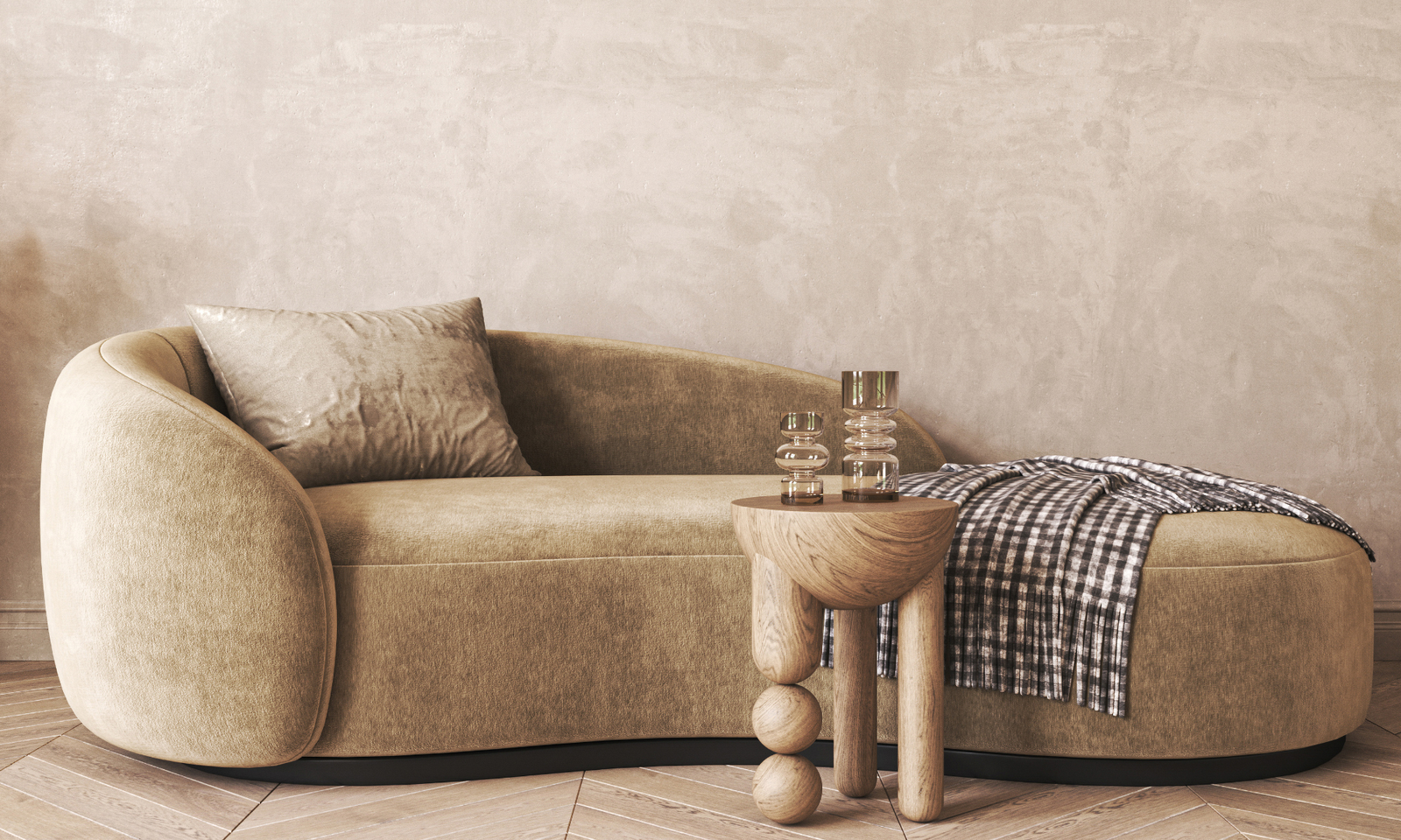 Refresh your home - a brown sofa with a wooden coffee table. Decorations and wooden floor.