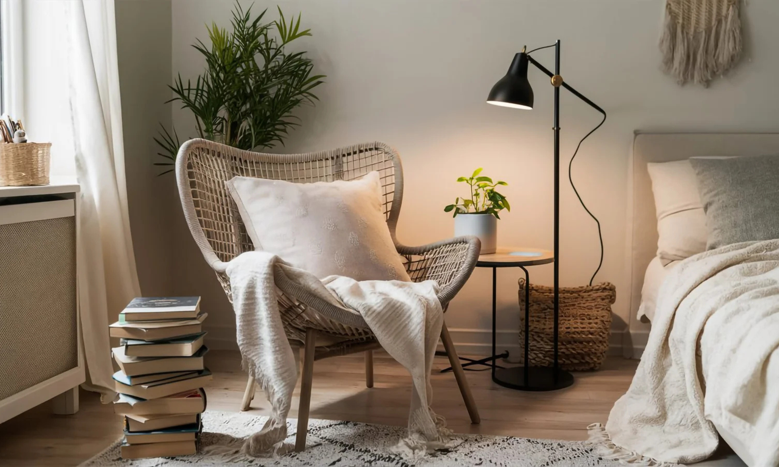 Scandi bedroom with a neutral bed, an armchair in a natural material and a black floor lamp. Next to the chair is stacked books.