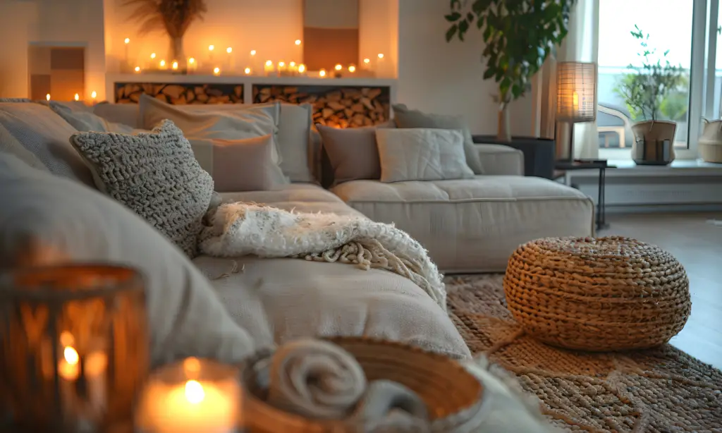 Large white sofa with many pillows and a throw blanket. Lots of candles in the living room.