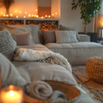 Large white sofa with many pillows and a throw blanket. Lots of candles in the living room.