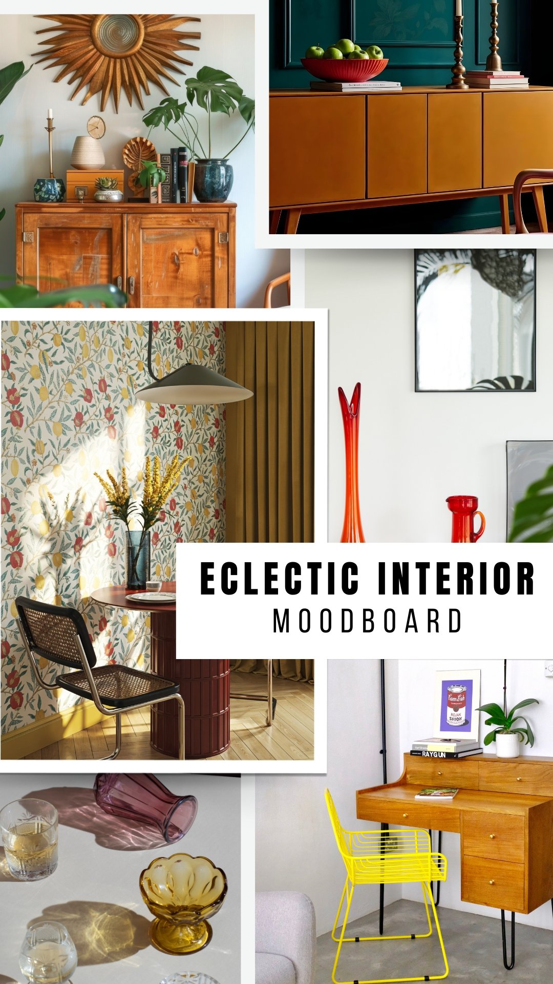 Eclectic decor pinterest pin moodboard. 