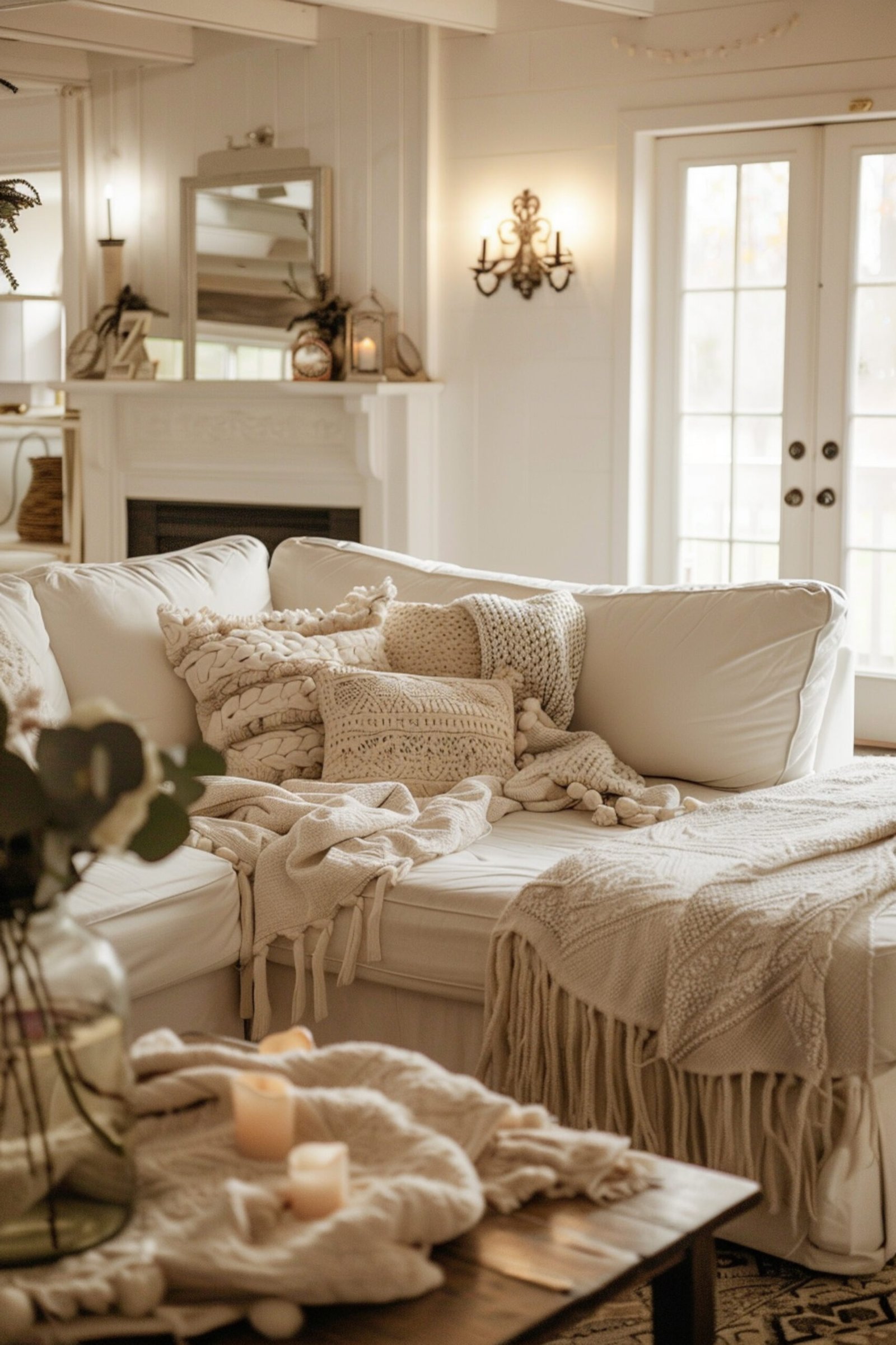 Couch with pillows and blankets in a living room with fireplace and cozy lighting. 