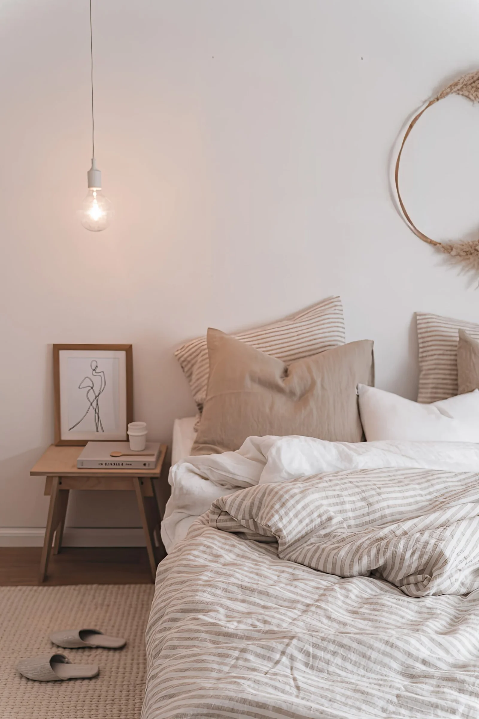 Bed with hanging bedside lamp, a wooden stool with a wall art on it. Neutral cozy bedding.