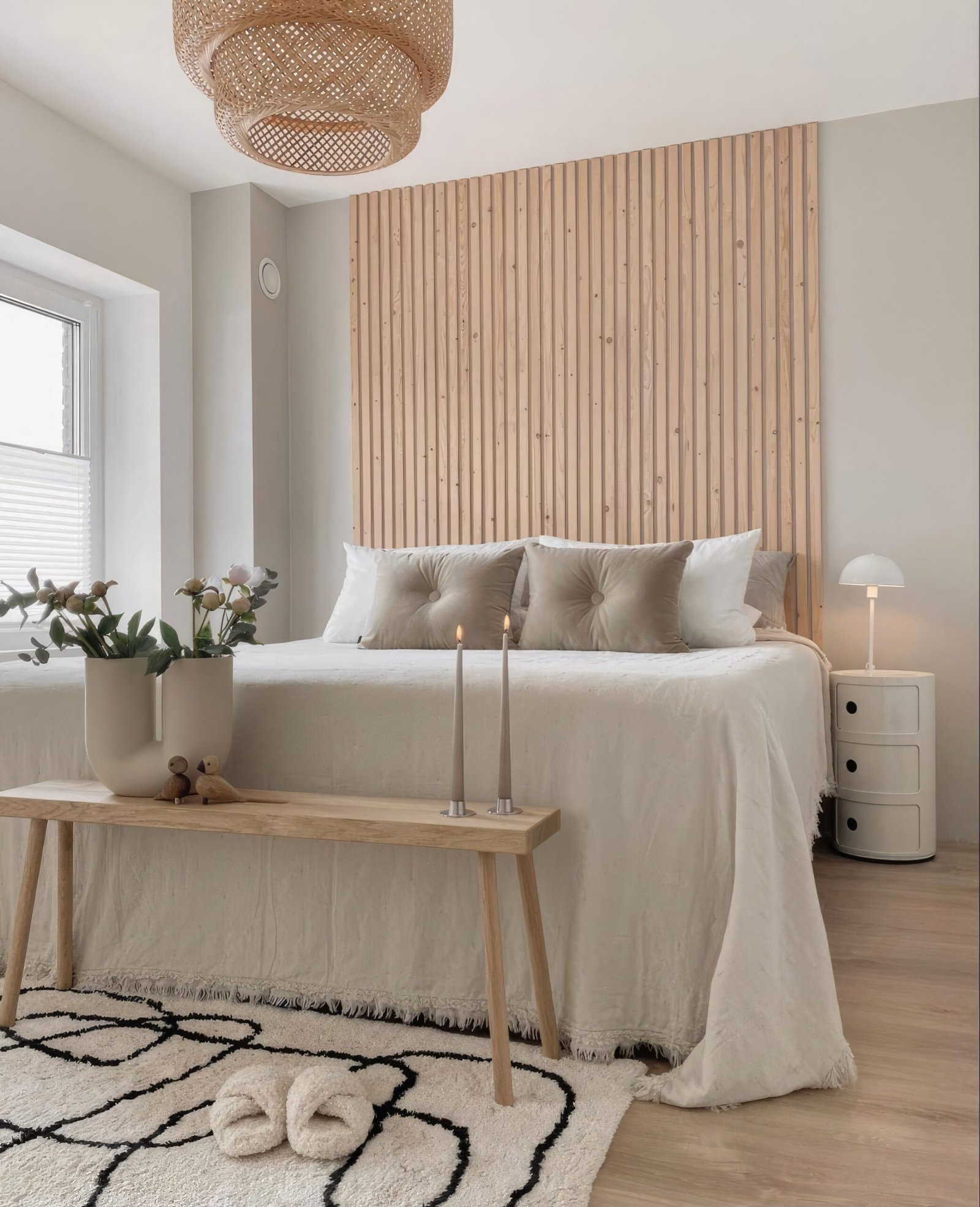 Neutral bedroom ideas with a wooden wall panel, a wooden bench by the end of the bed. Neutral bedding and decorative items.