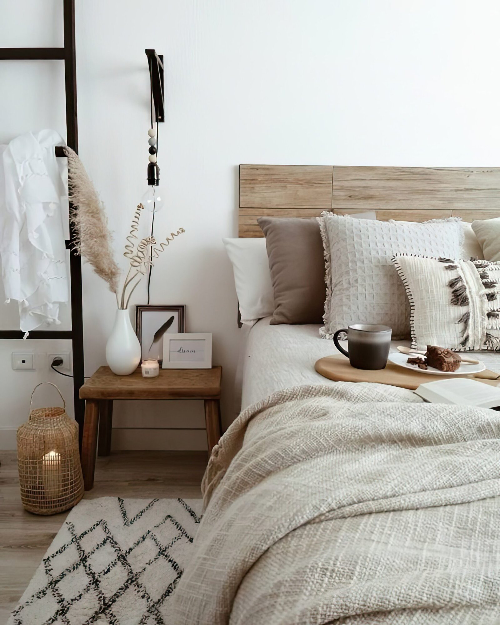 Bedroom with a wooden bedside table, a wooden bed frame and neutral bedding. A plate with a cup of coffee on the bed and a rug. 