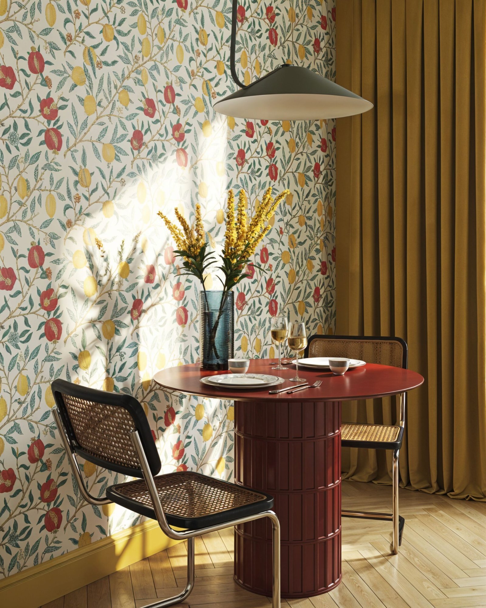 Luxury interior with a burgundy dining table, two simple chair, a flower wall and a staple wooden panel wall. The floor is also wooden. 