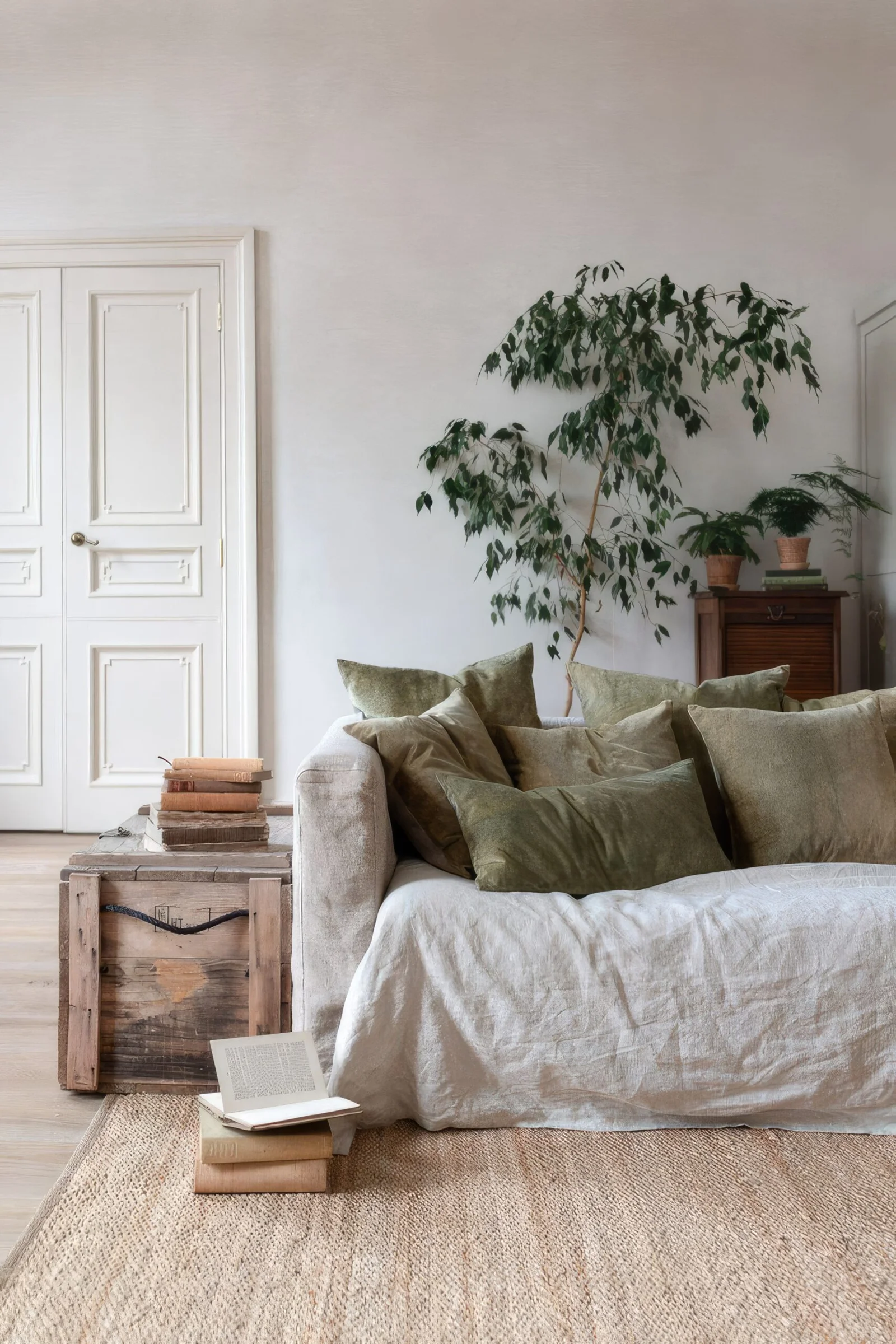 Couch with green linen cushions, a large rug and a plant behind the couch. 