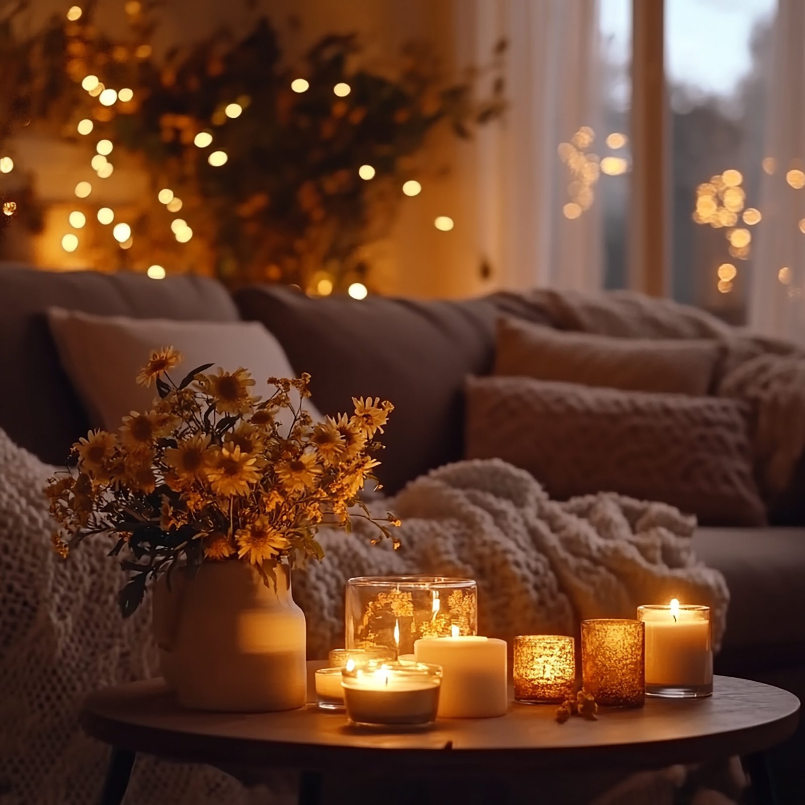 A cozy sofa with multiple pillows and a wooden table with candles on it. 