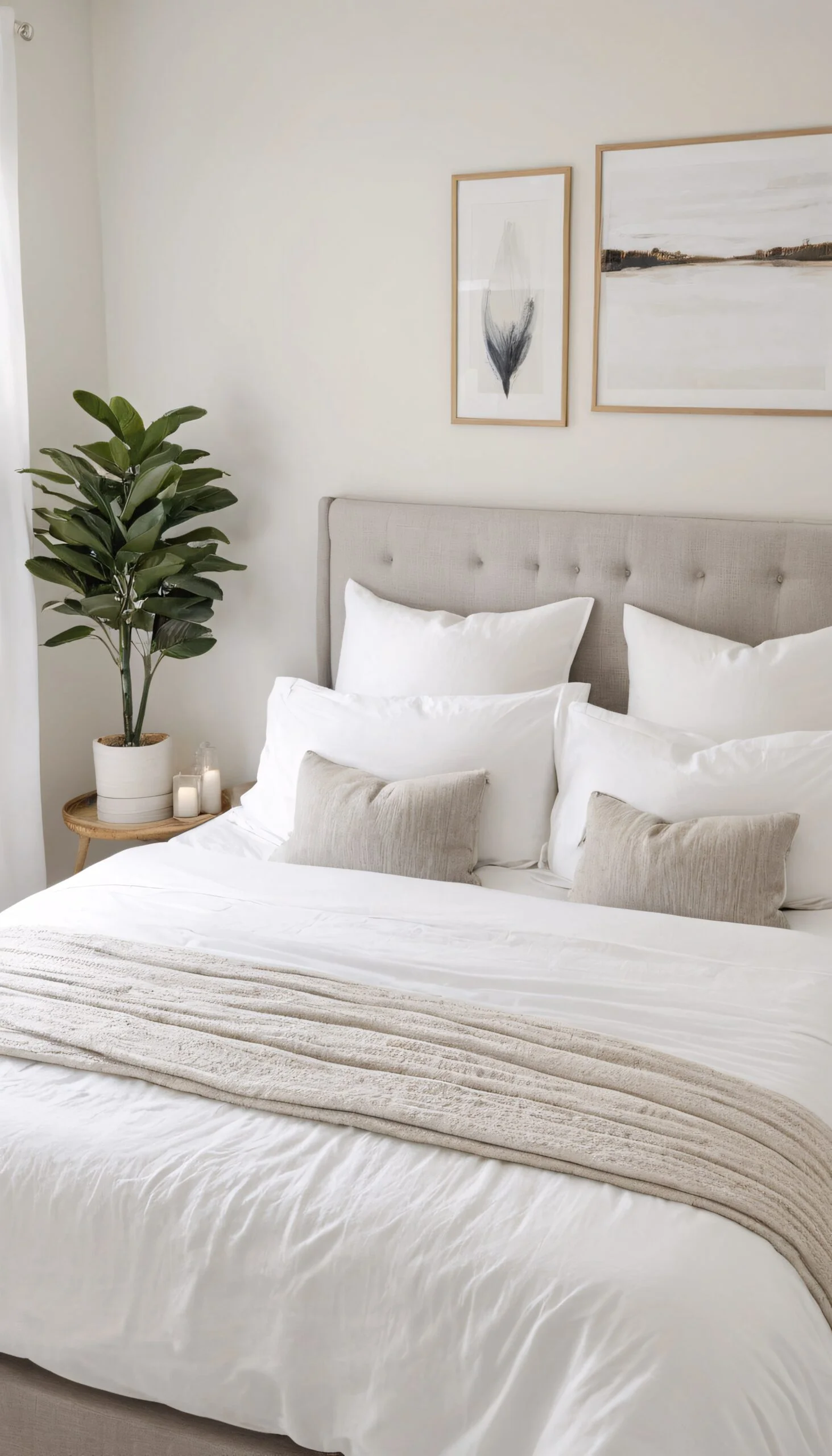 Elegant minimalist bedroom with a light grey bedframe enutral bedding and a bedside table with a large plant on it.