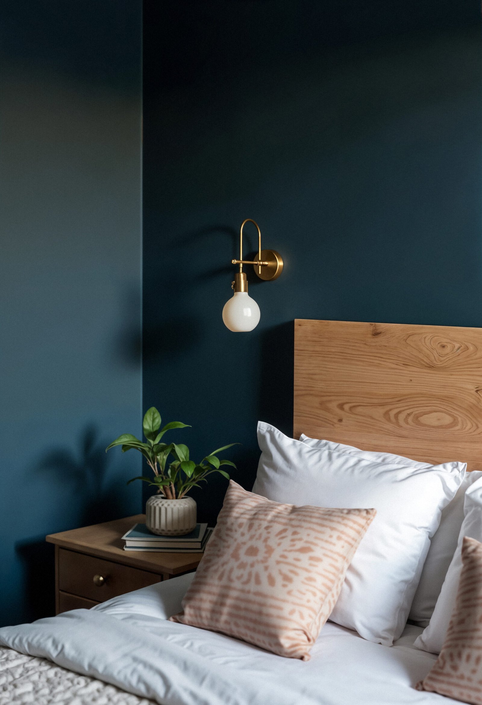 Elegant bedroom with dark green walls, a wooden bedframe. A golden wall lamp and a wooden sideboard with a plant on it. 