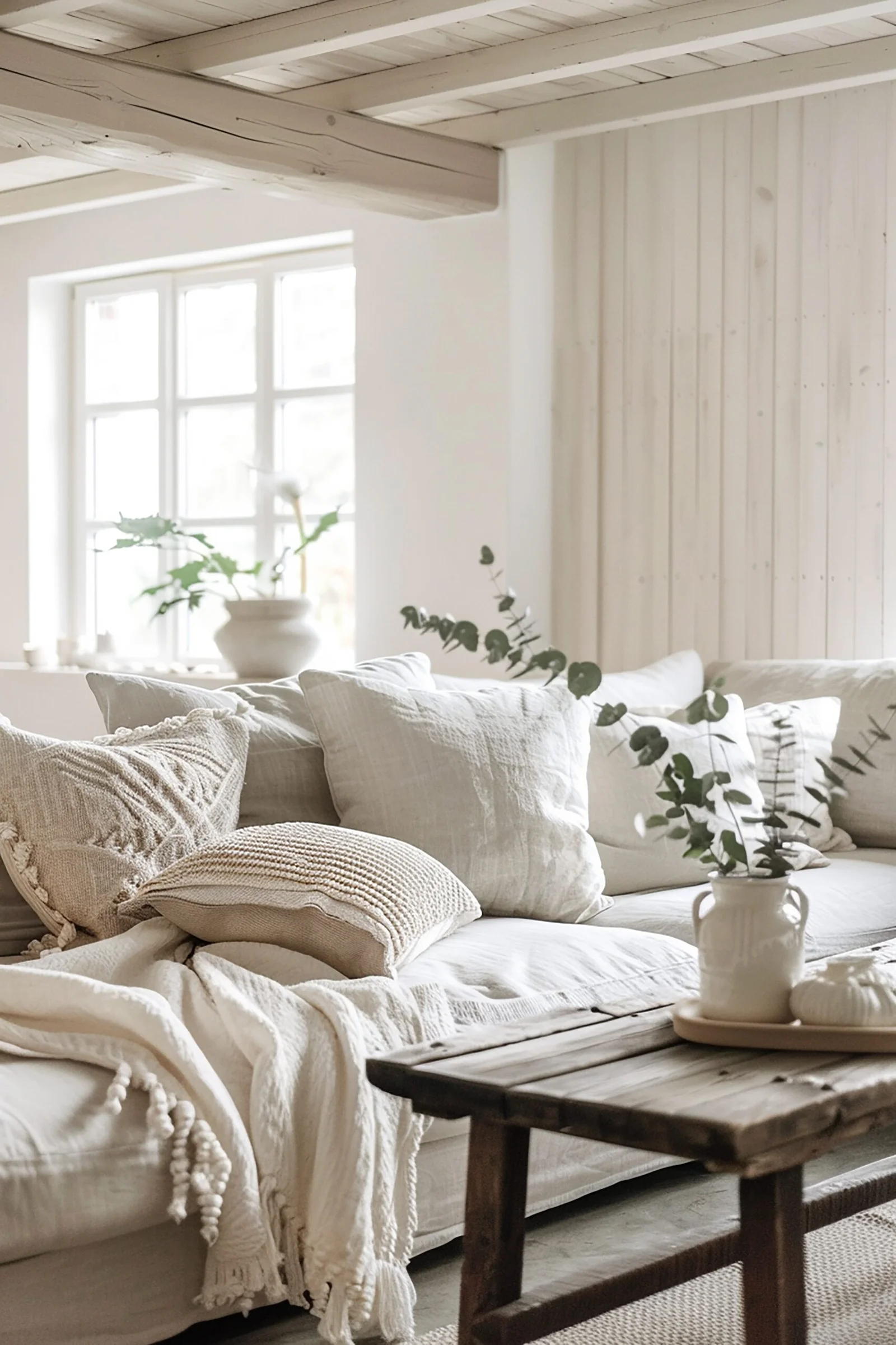 Home with a white sofa and cozy pillows, a wooden coffee table with a vase with flowers. Neutral tones. Scaled. 