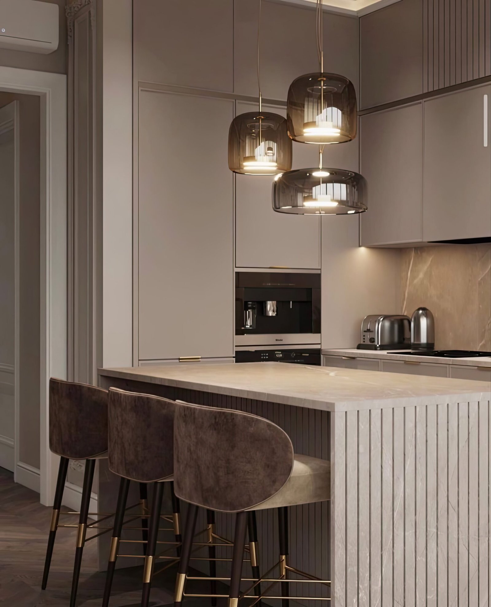 Beautiful japandi kitchen with a kitchen island, chairs, and a collection of ceiling lamps. Grey cabinets. Scaled