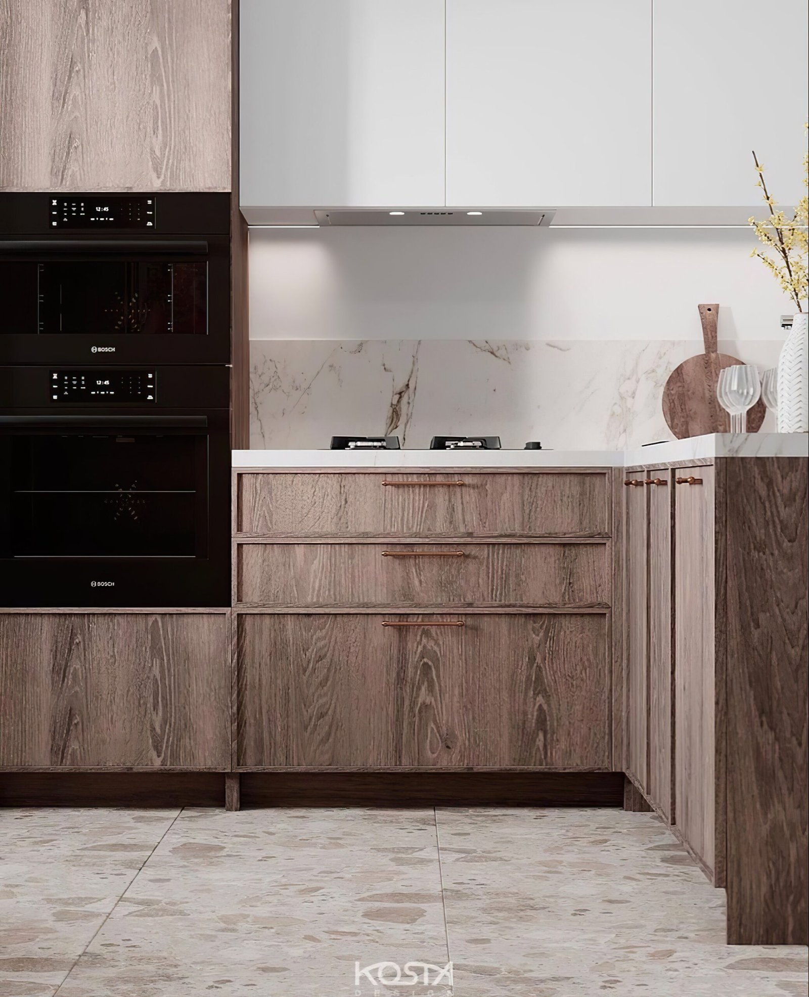 Kitchen with white countertop and brown wooden cabinets. Black microwave. Scaled. 