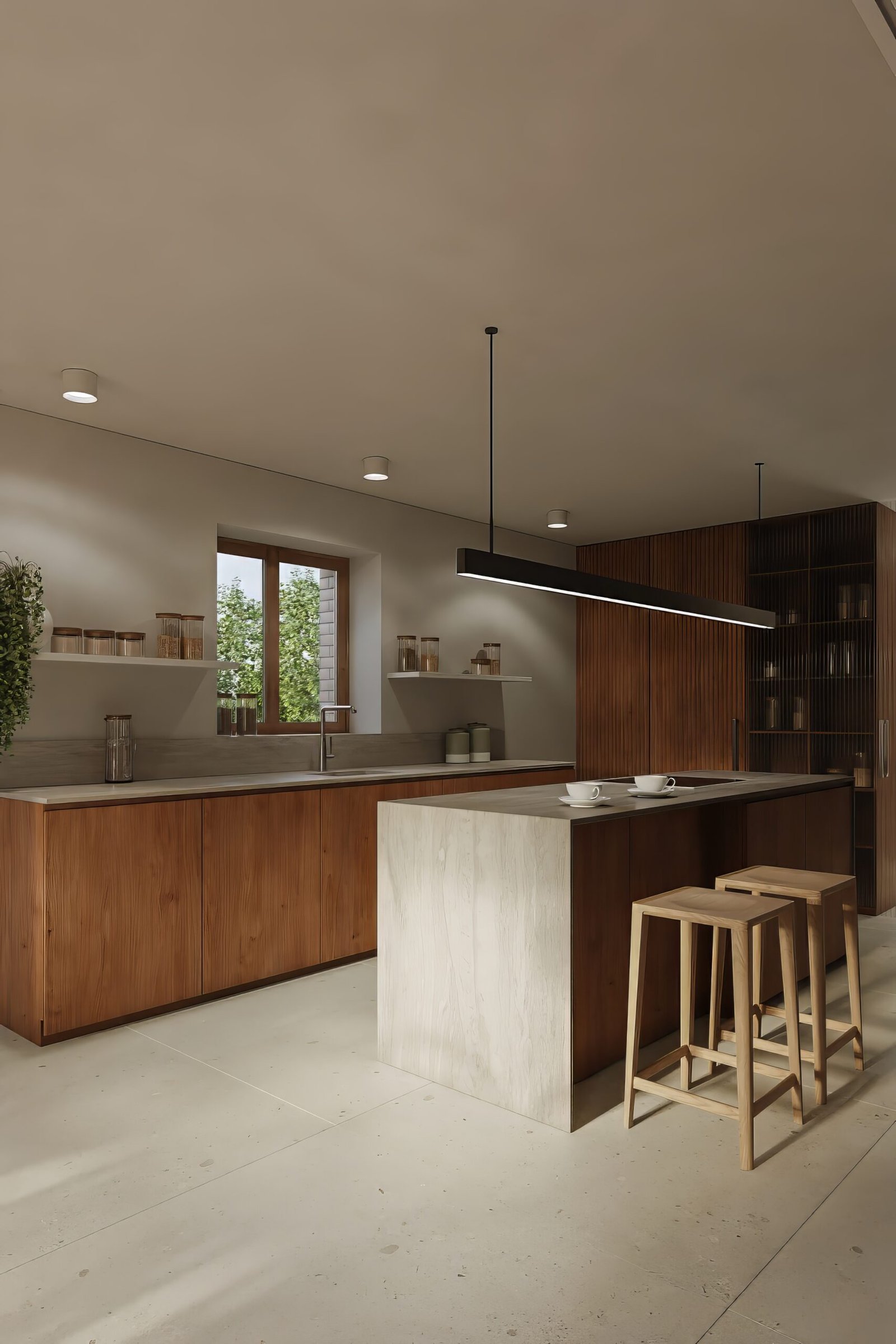 Modern kitchen desgin featuring wooden cabinets and a sleek island with sleek chairs. Scaled. 