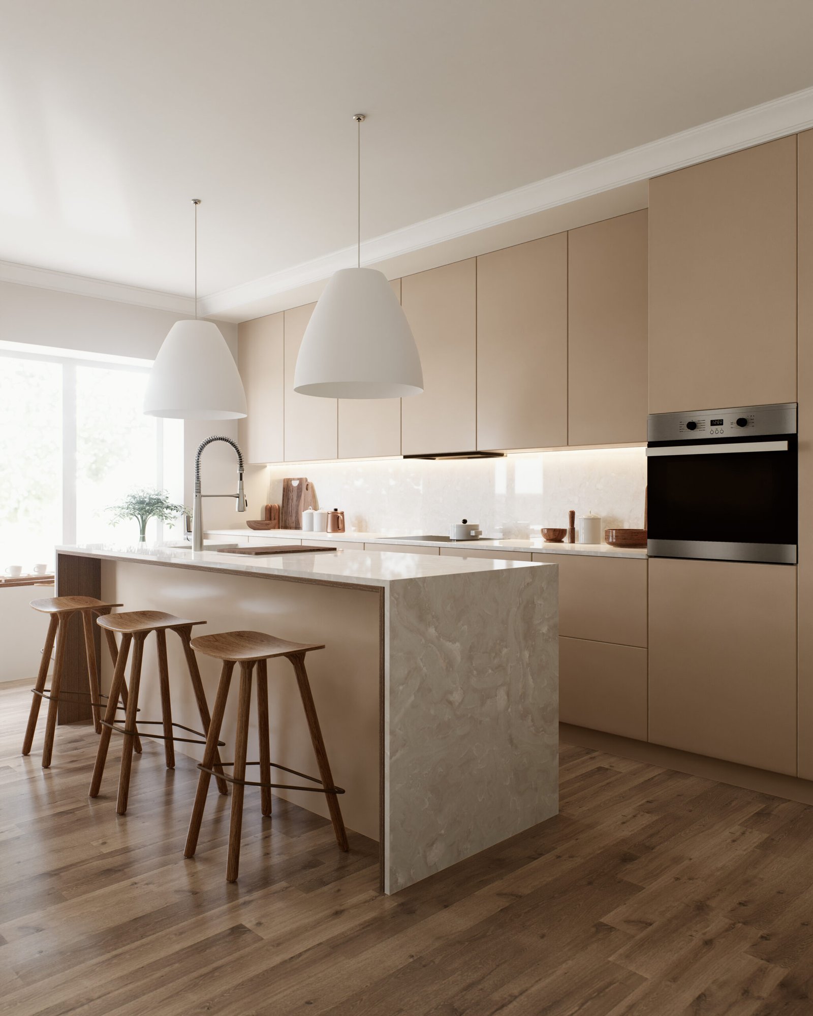 This is a stylish modern kitchen that features sleek cabinetry, an island, and beautifully warm wood flooring. 3d render