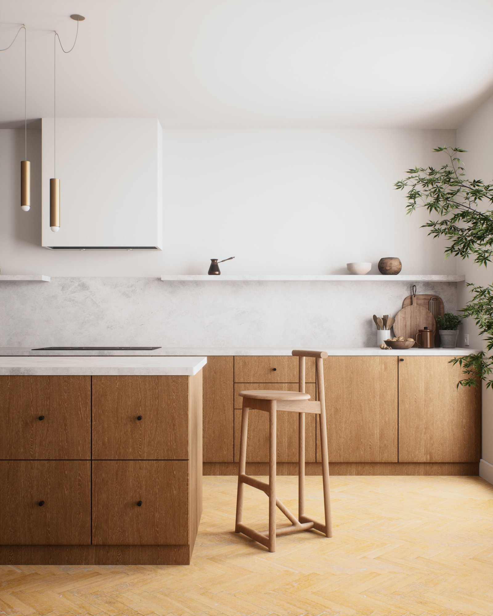 This is a sleek and modern kitchen that features beautiful wood cabinetry, a minimalist design, and ample natural light.