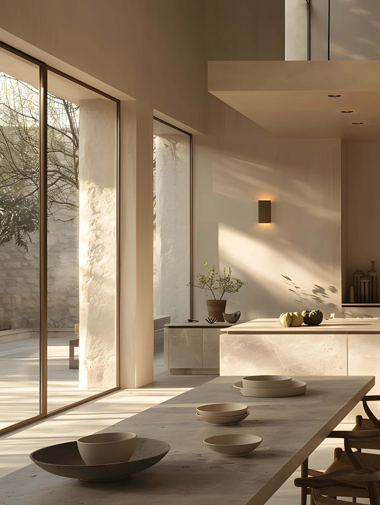 This bright and modern kitchen and dining area has a minimalist decor, natural light, and large windows offering views of the outdoor garden, creating a cozy and inviting atmosphere