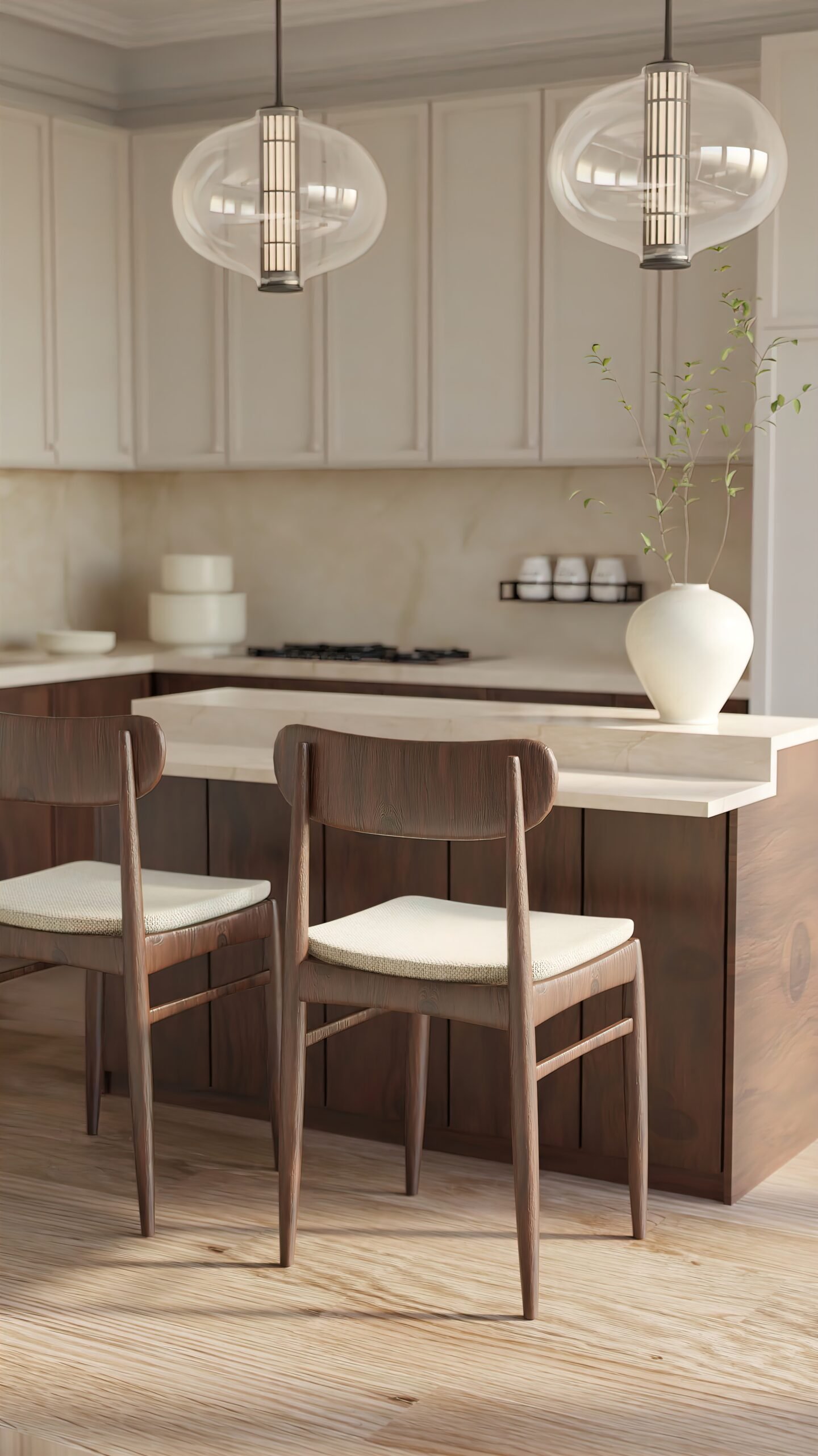 Rotating shot of a small kitchen and breakfast bar within an apartment