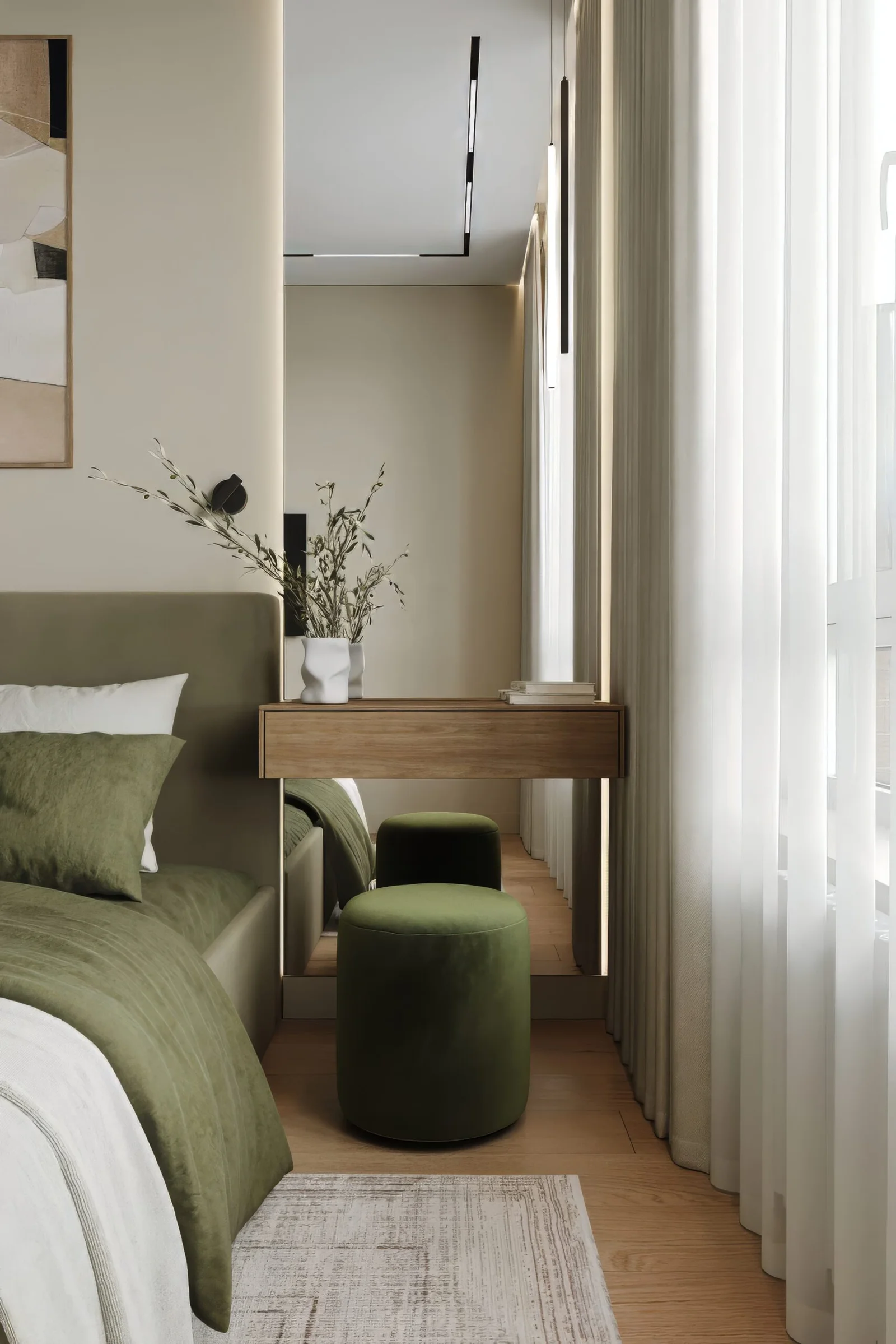 Stylish bedroom interior with green accents and natural light. A large mirror. 