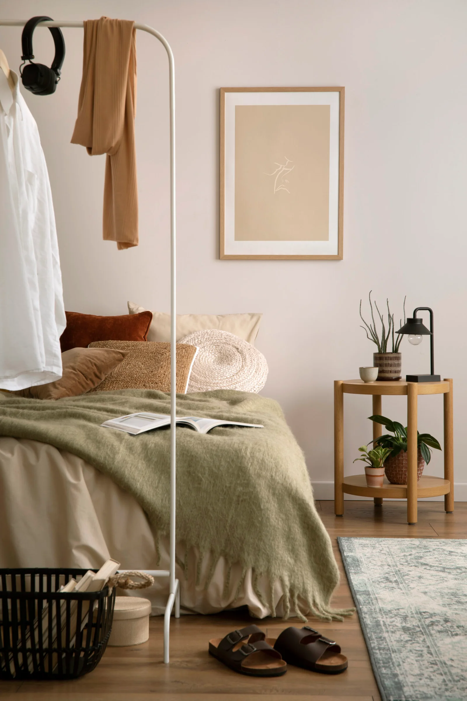 Stylish composition of cozy bedroom with mock up, beige bedding, and wooden coffee table. Mock up poster with wooden frame. Home decor. Template.